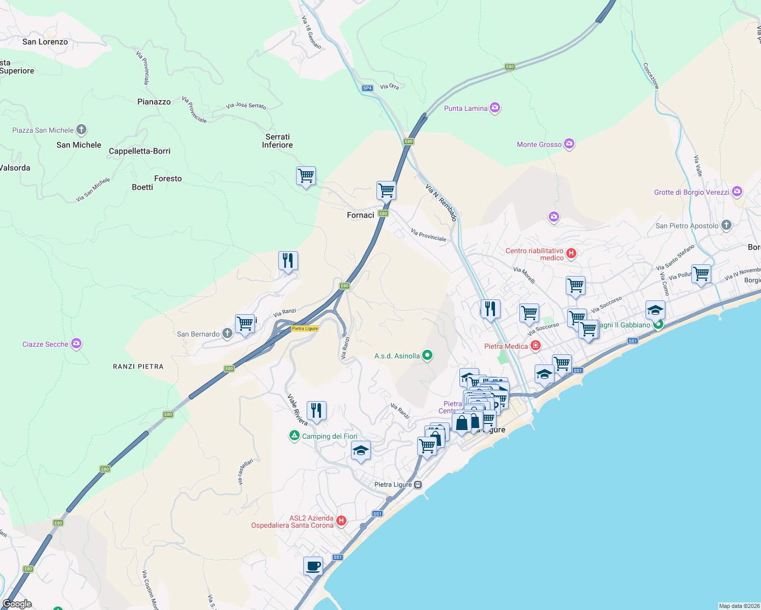 map of restaurants, bars, coffee shops, grocery stores, and more near 176B Via Ranzi in Pietra Ligure