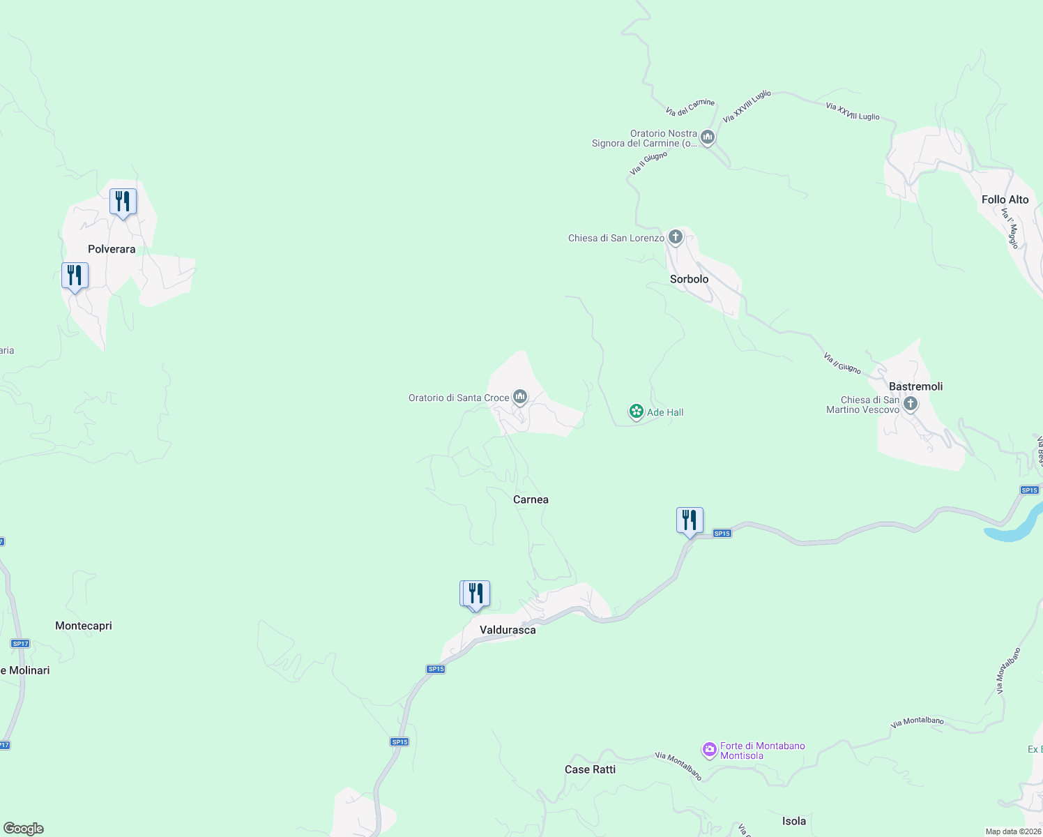 map of restaurants, bars, coffee shops, grocery stores, and more near 19 Via San Croce in Carnea