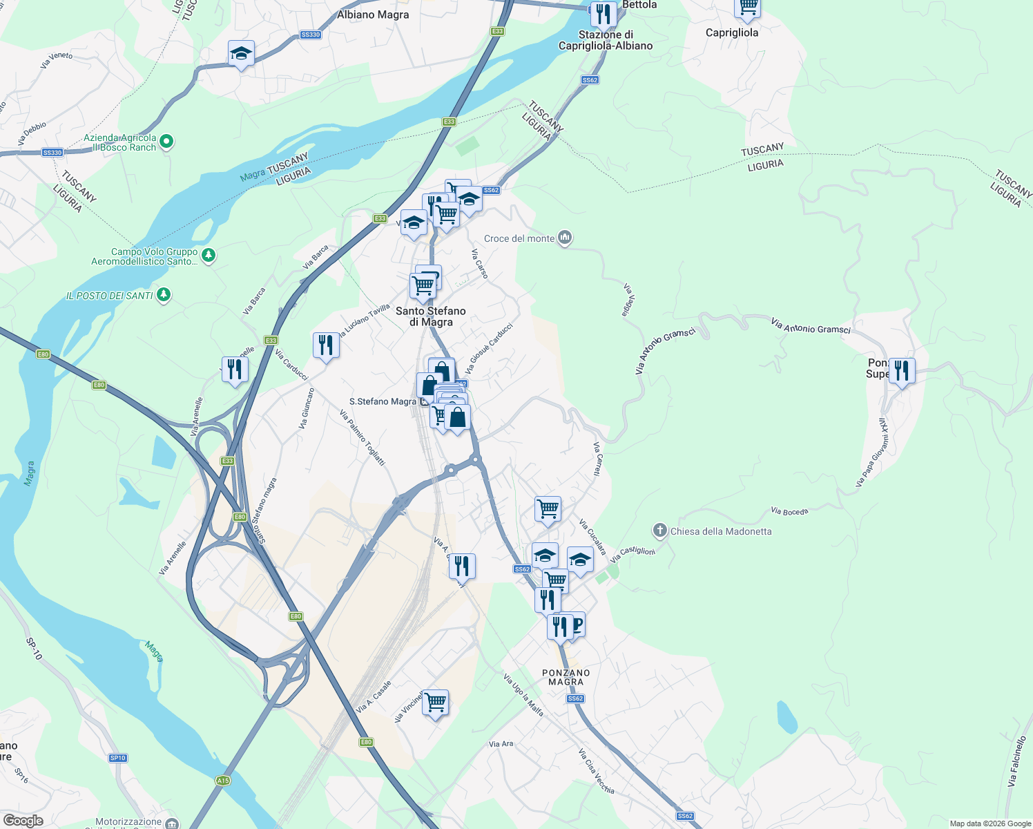 map of restaurants, bars, coffee shops, grocery stores, and more near 25 Via Antonio Gramsci in Santo Stefano di Magra