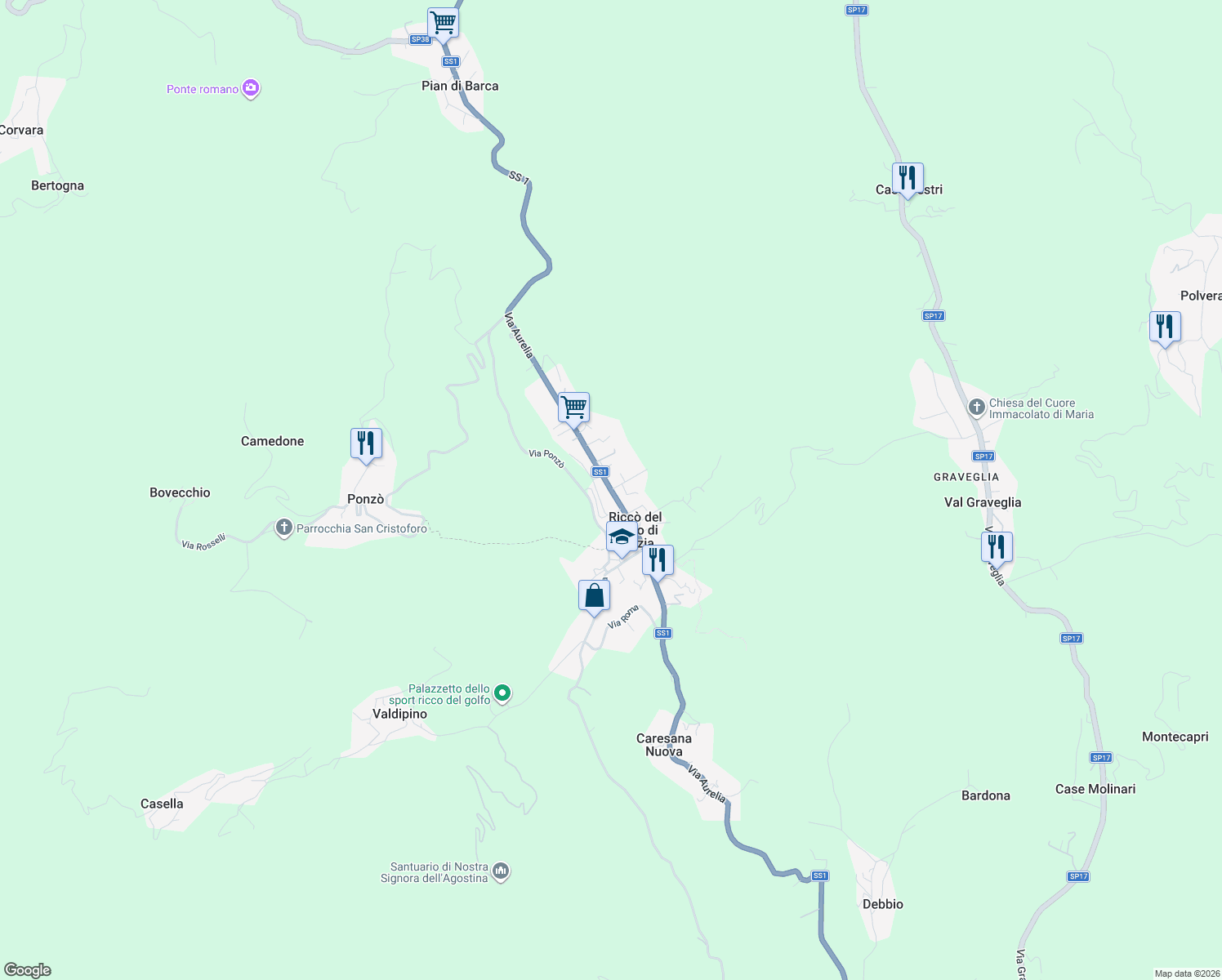 map of restaurants, bars, coffee shops, grocery stores, and more near Strada Statale 1 in Riccò del Golfo