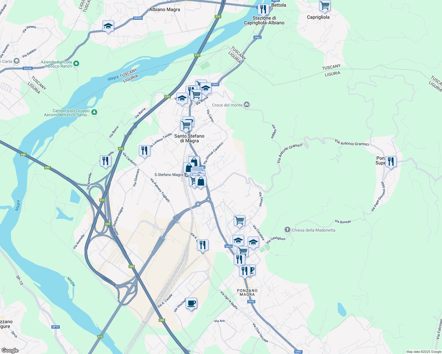 map of restaurants, bars, coffee shops, grocery stores, and more near 25 Via Antonio Gramsci in Santo Stefano di Magra