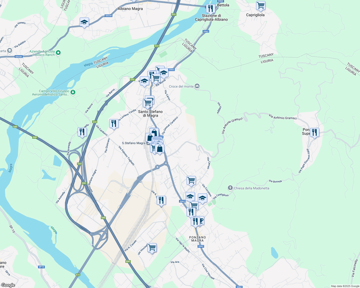 map of restaurants, bars, coffee shops, grocery stores, and more near 25 Via Antonio Gramsci in Santo Stefano di Magra