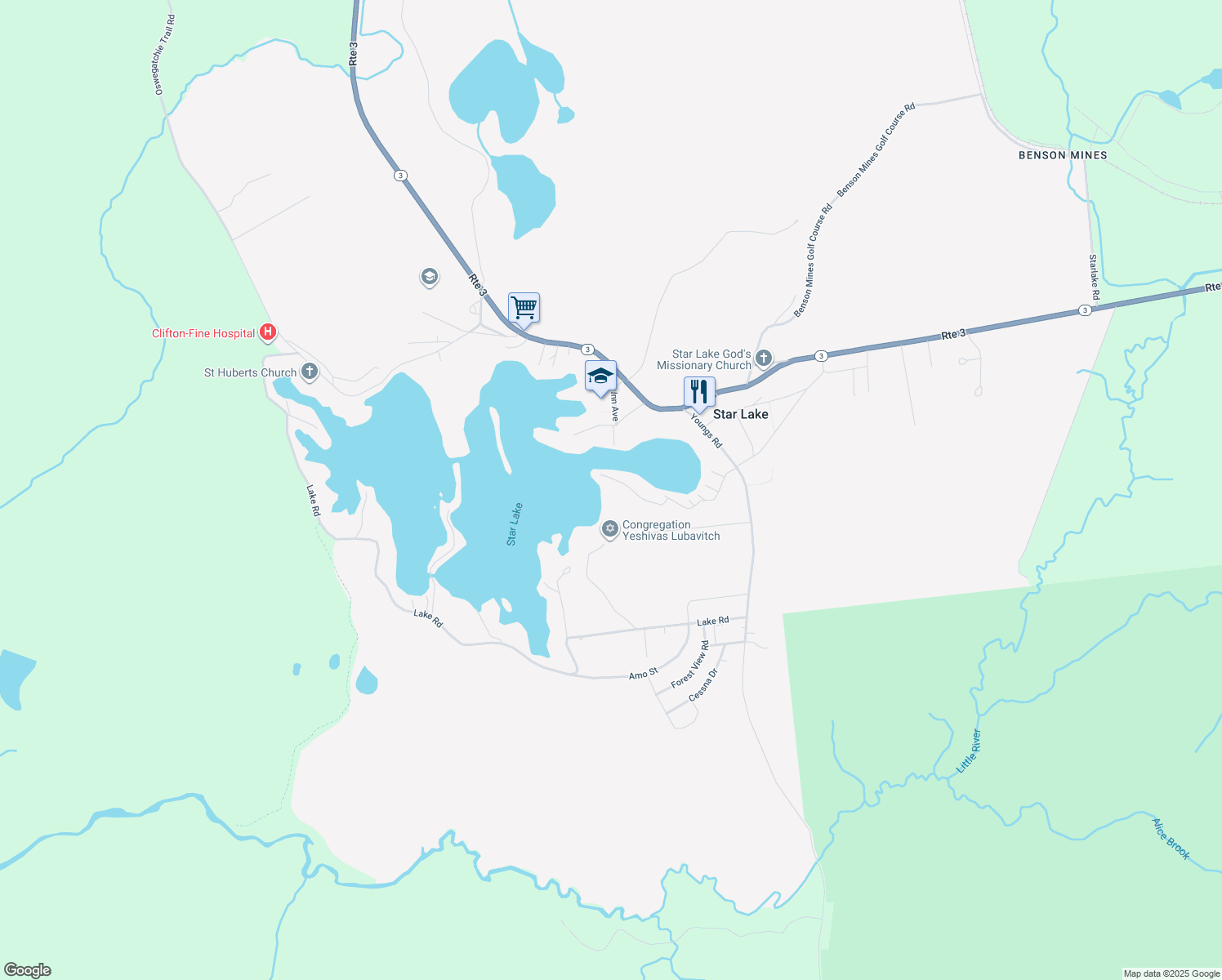 map of restaurants, bars, coffee shops, grocery stores, and more near 62 Pine St in Star Lake