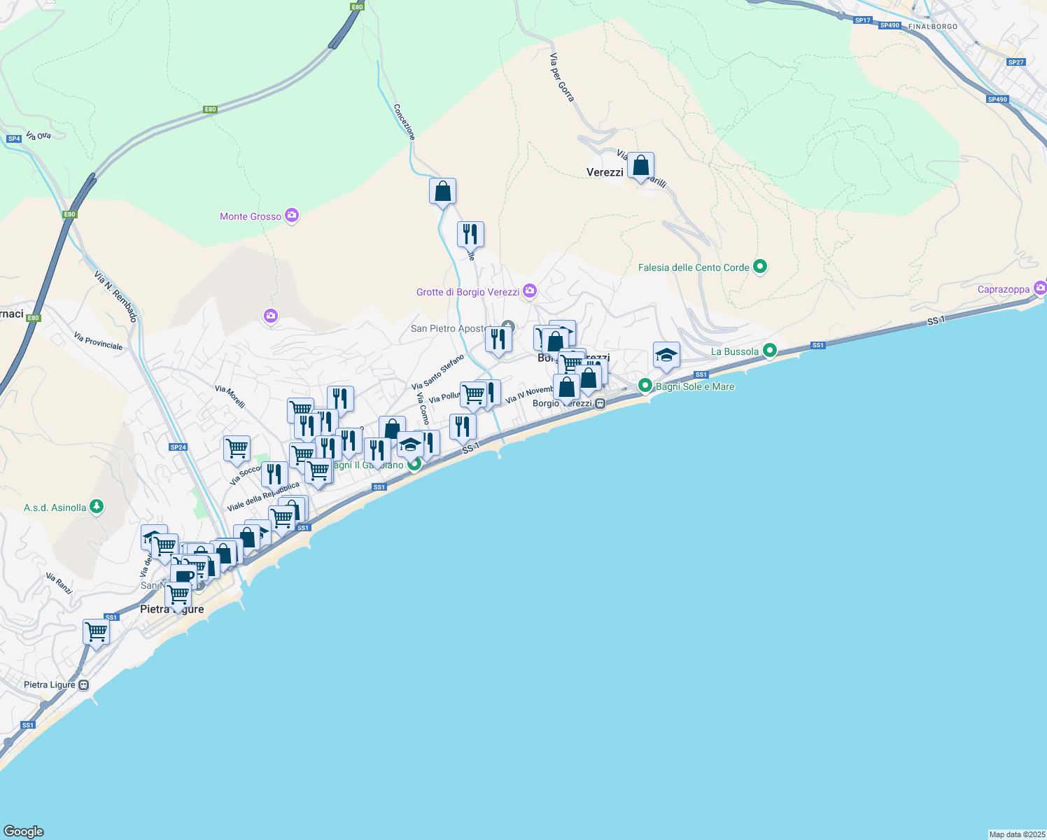 map of restaurants, bars, coffee shops, grocery stores, and more near Via Aurelia in Pietra Ligure