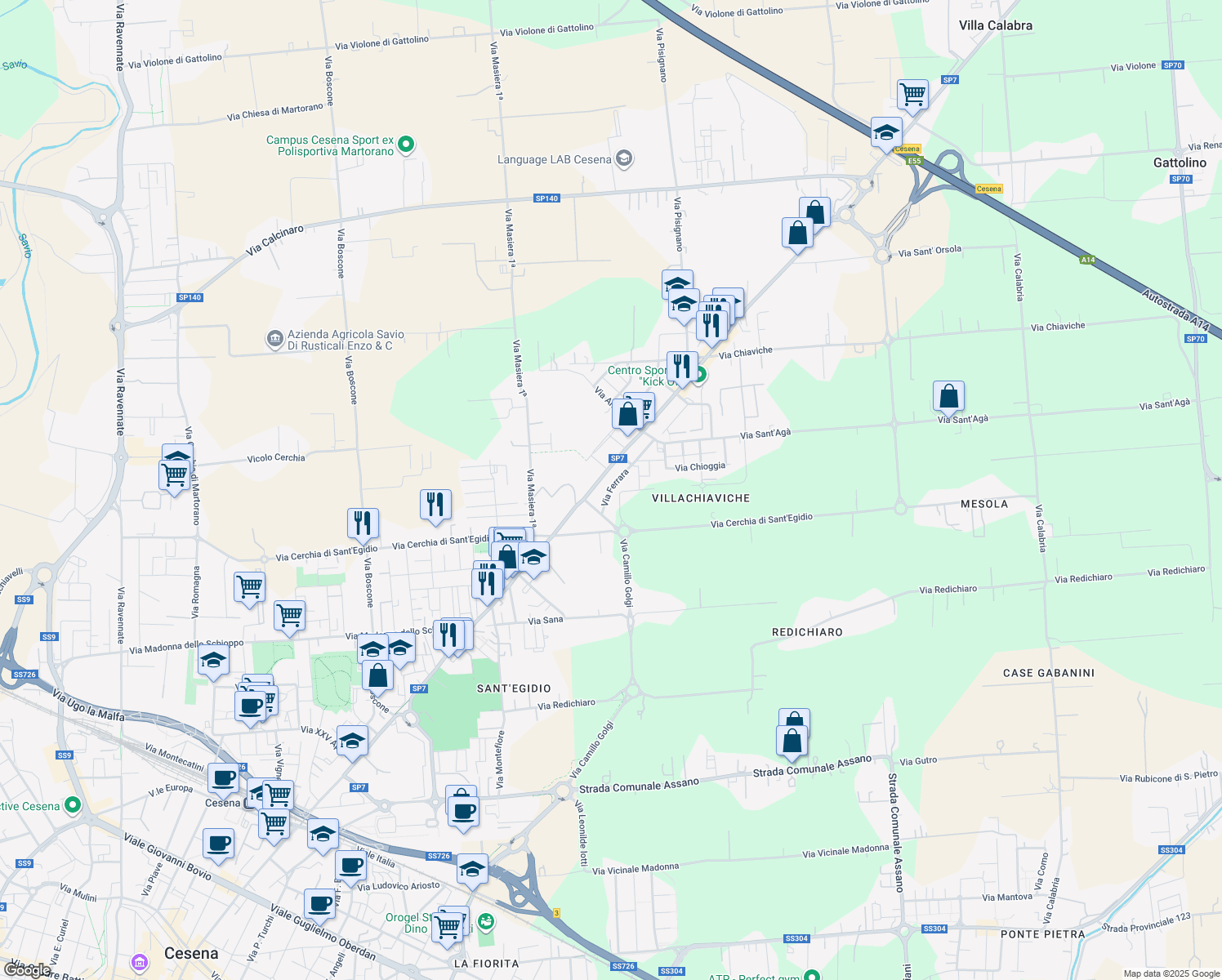 map of restaurants, bars, coffee shops, grocery stores, and more near 380 Via Ferrara in Cesena
