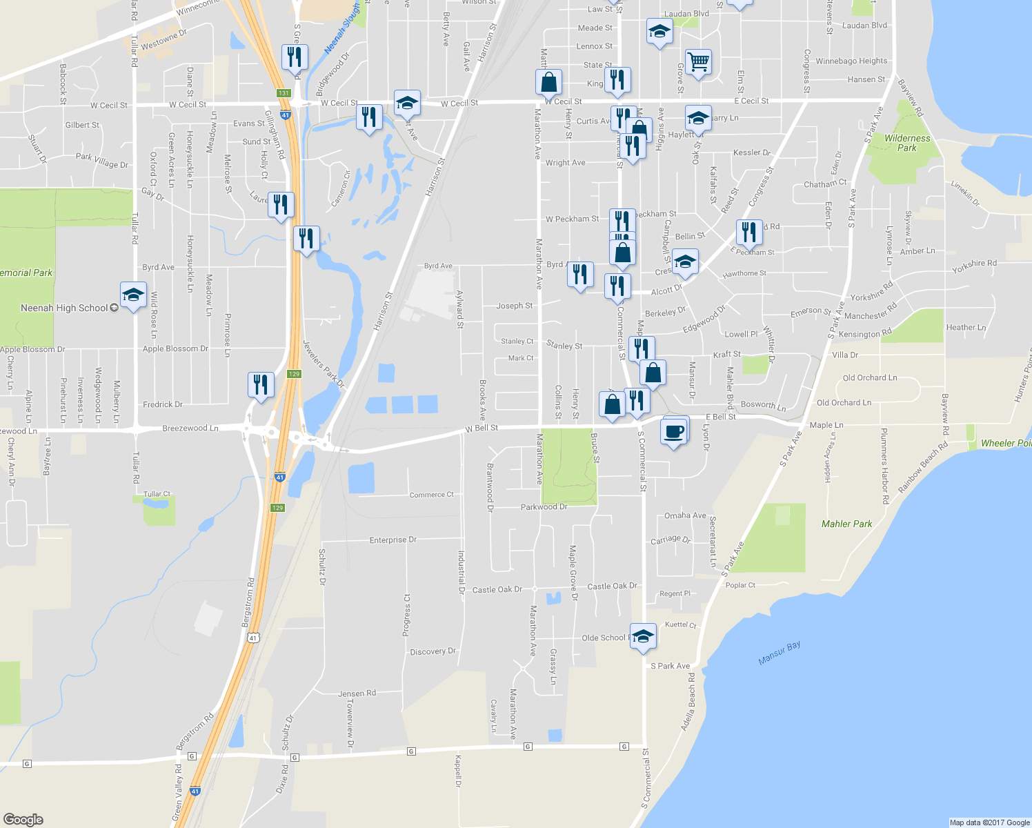 map of restaurants, bars, coffee shops, grocery stores, and more near 316 Thomas Court in Neenah