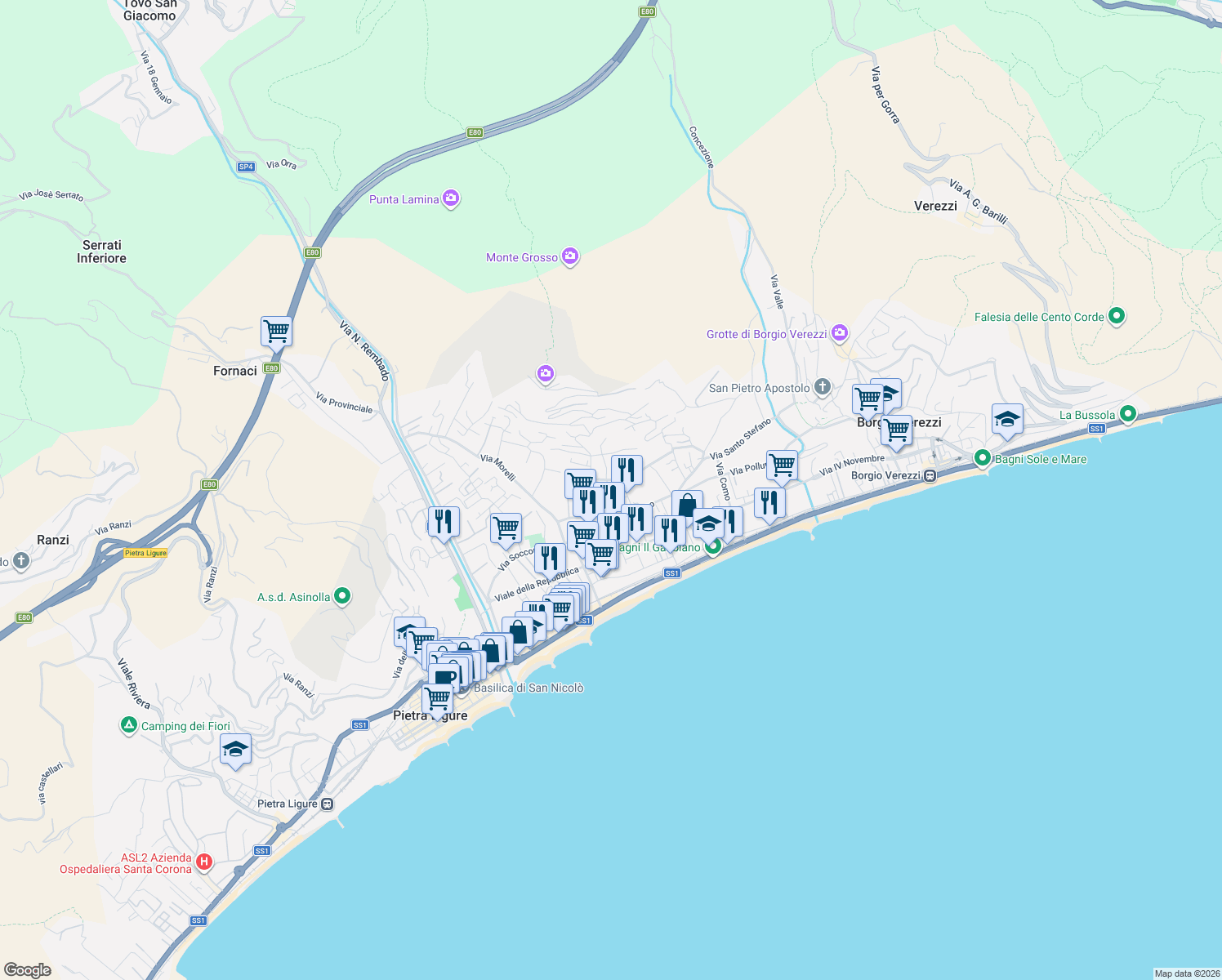 map of restaurants, bars, coffee shops, grocery stores, and more near 96 Via Soccorso in Pietra Ligure