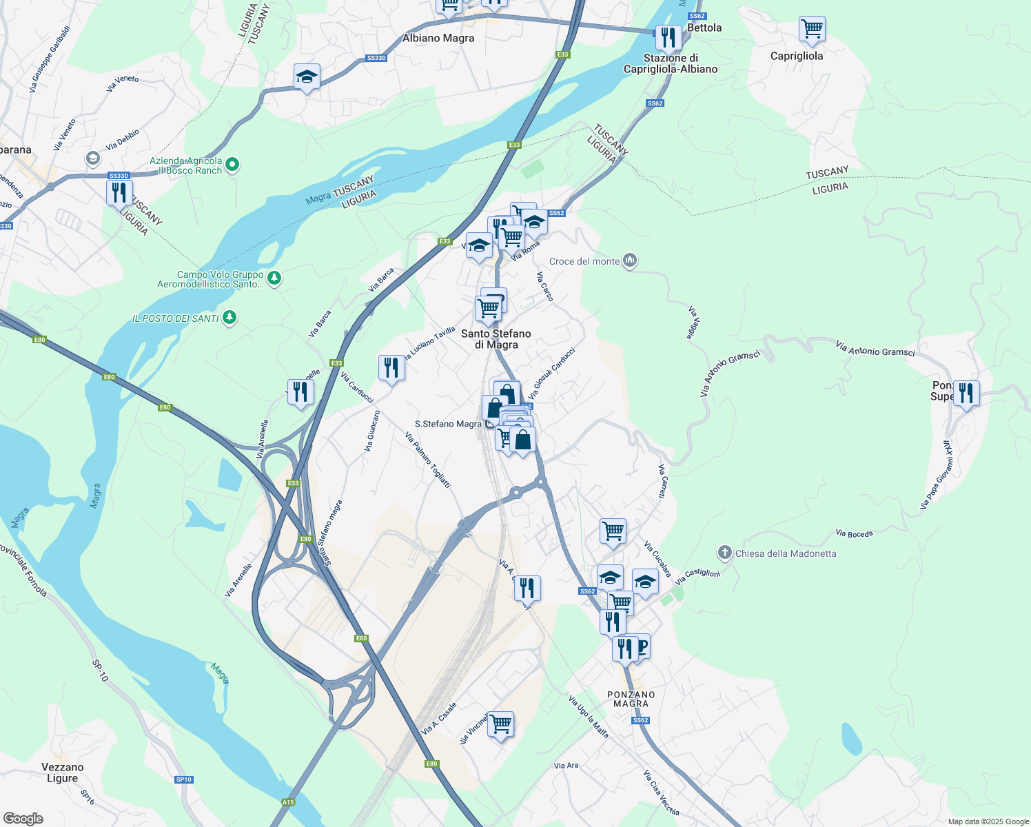 map of restaurants, bars, coffee shops, grocery stores, and more near Via Arzelà in Santo Stefano di Magra