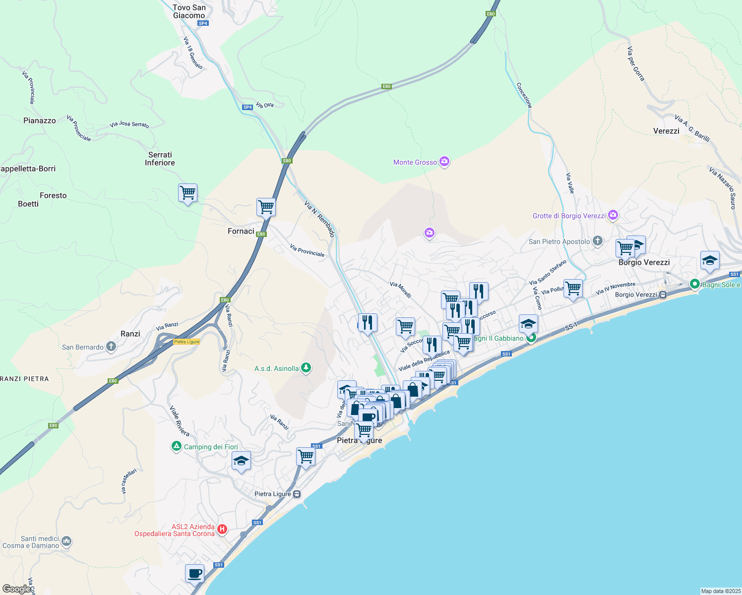 map of restaurants, bars, coffee shops, grocery stores, and more near 23 Via Piani in Pietra Ligure