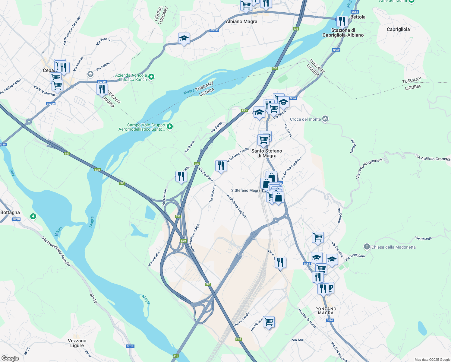 map of restaurants, bars, coffee shops, grocery stores, and more near 47 Via Luciano Tavilla in Santo Stefano di Magra