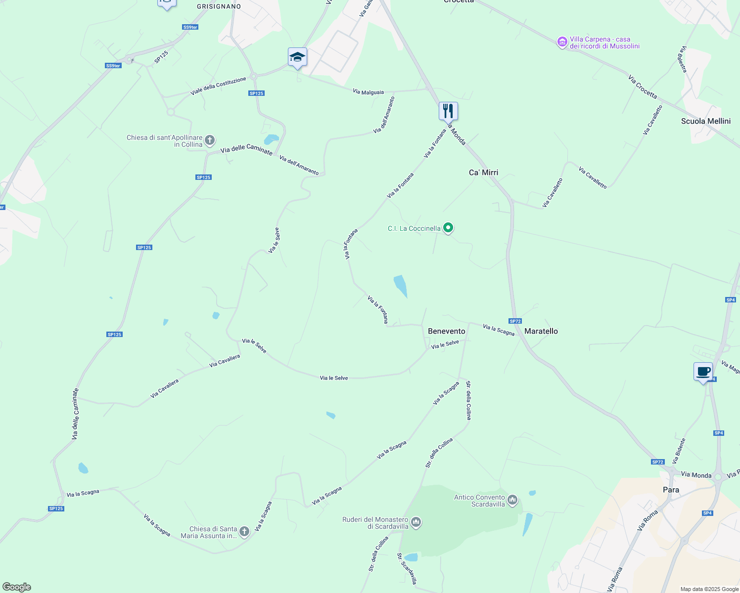 map of restaurants, bars, coffee shops, grocery stores, and more near 7 Via la Fontana in Provincia di Forlì-Cesena