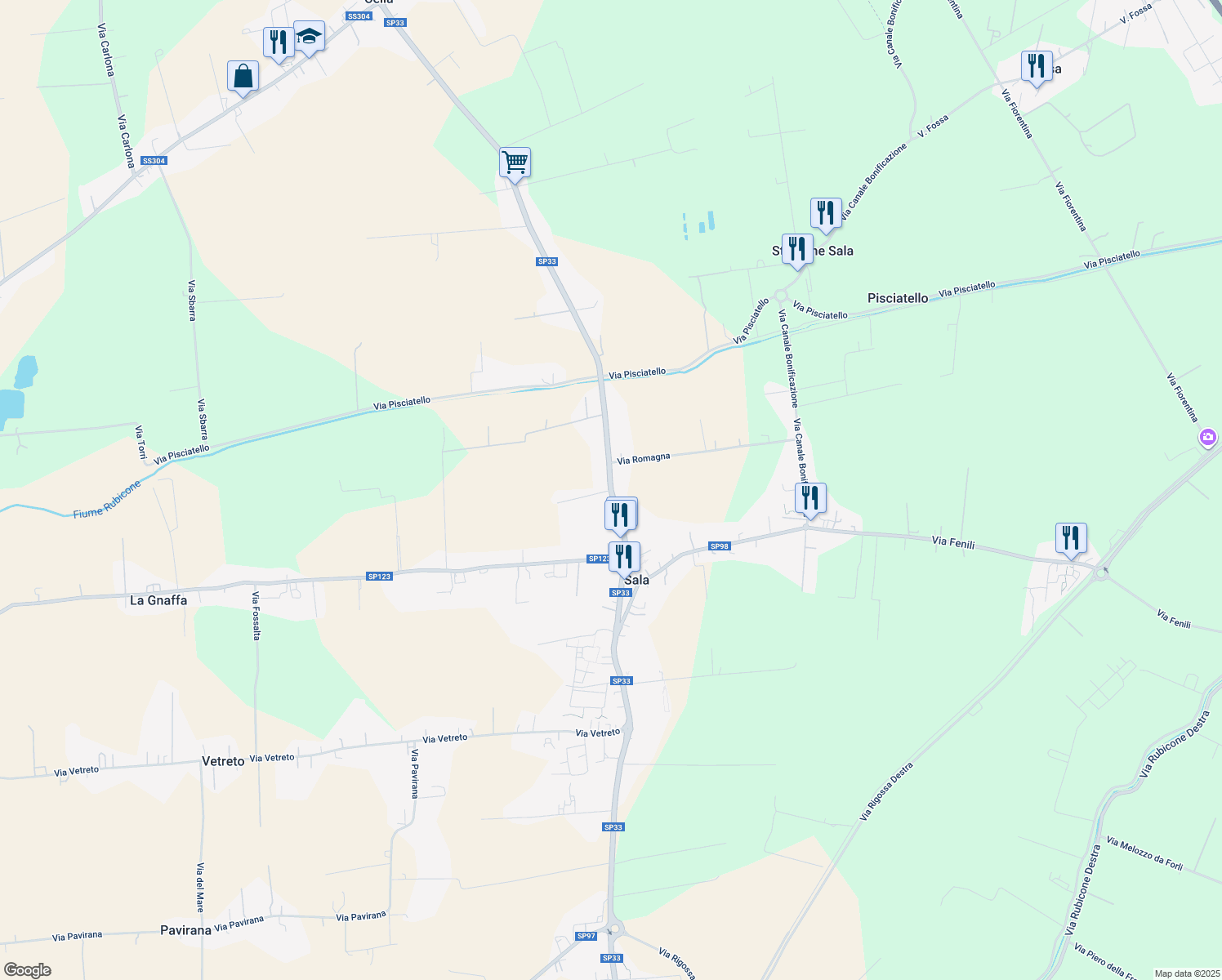 map of restaurants, bars, coffee shops, grocery stores, and more near Strada Provinciale 33 in Sala