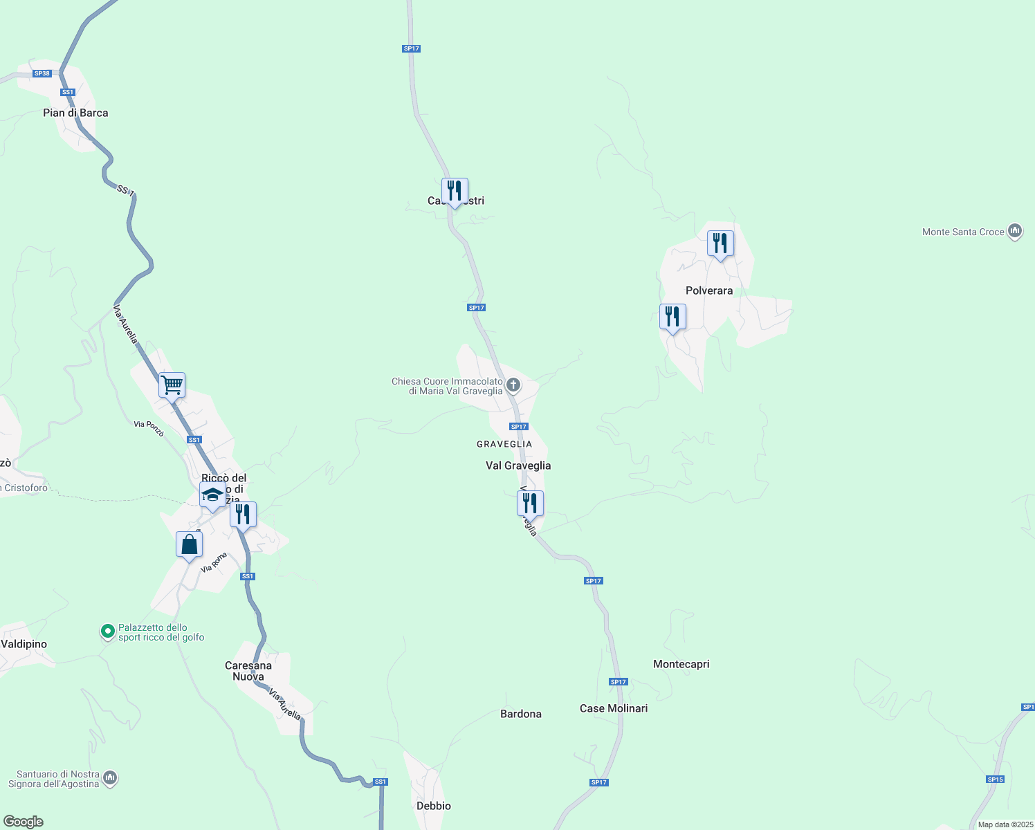 map of restaurants, bars, coffee shops, grocery stores, and more near 108 Via Graveglia in Val Graveglia
