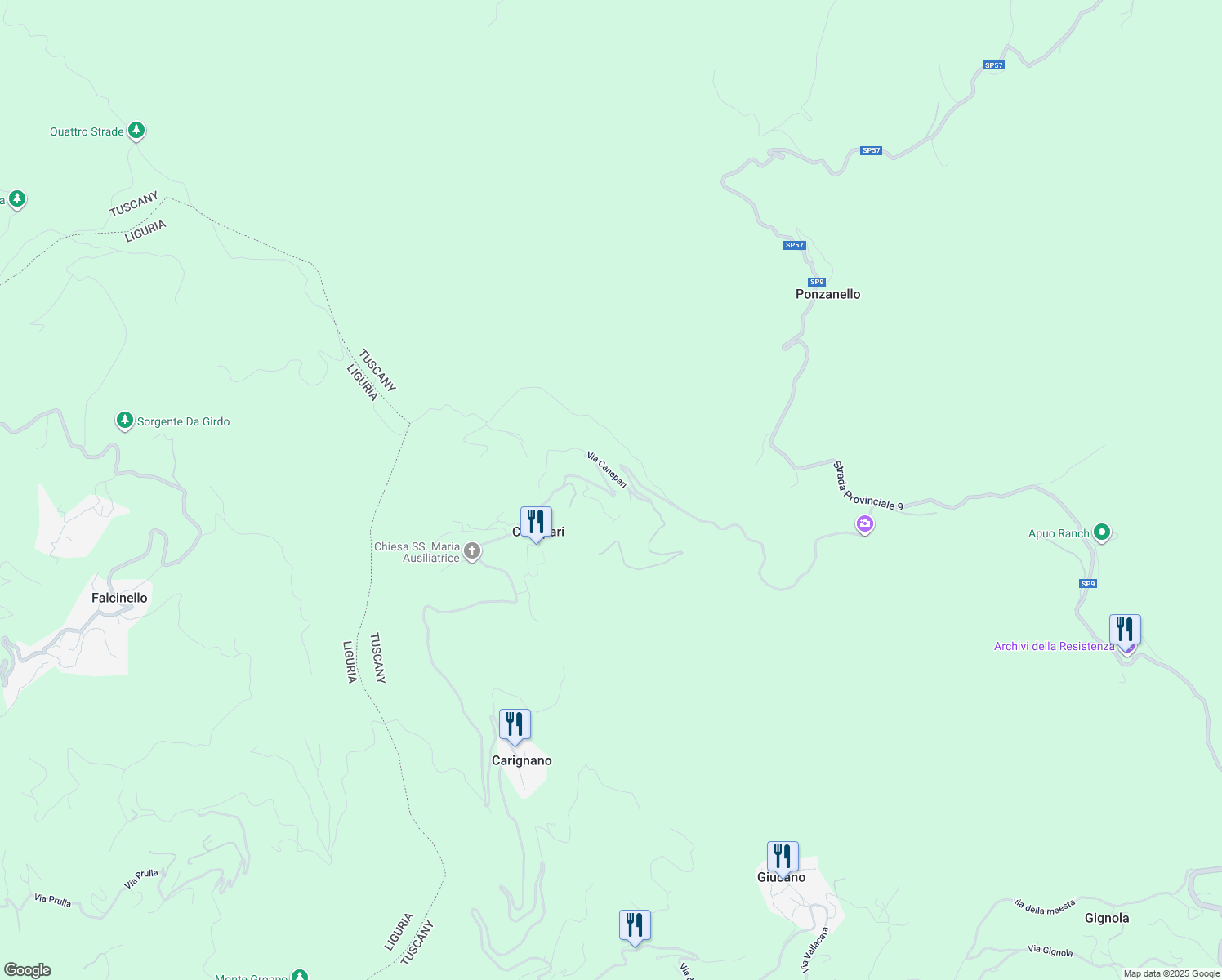map of restaurants, bars, coffee shops, grocery stores, and more near 82 Via Canepari in Provincia di Massa e Carrara