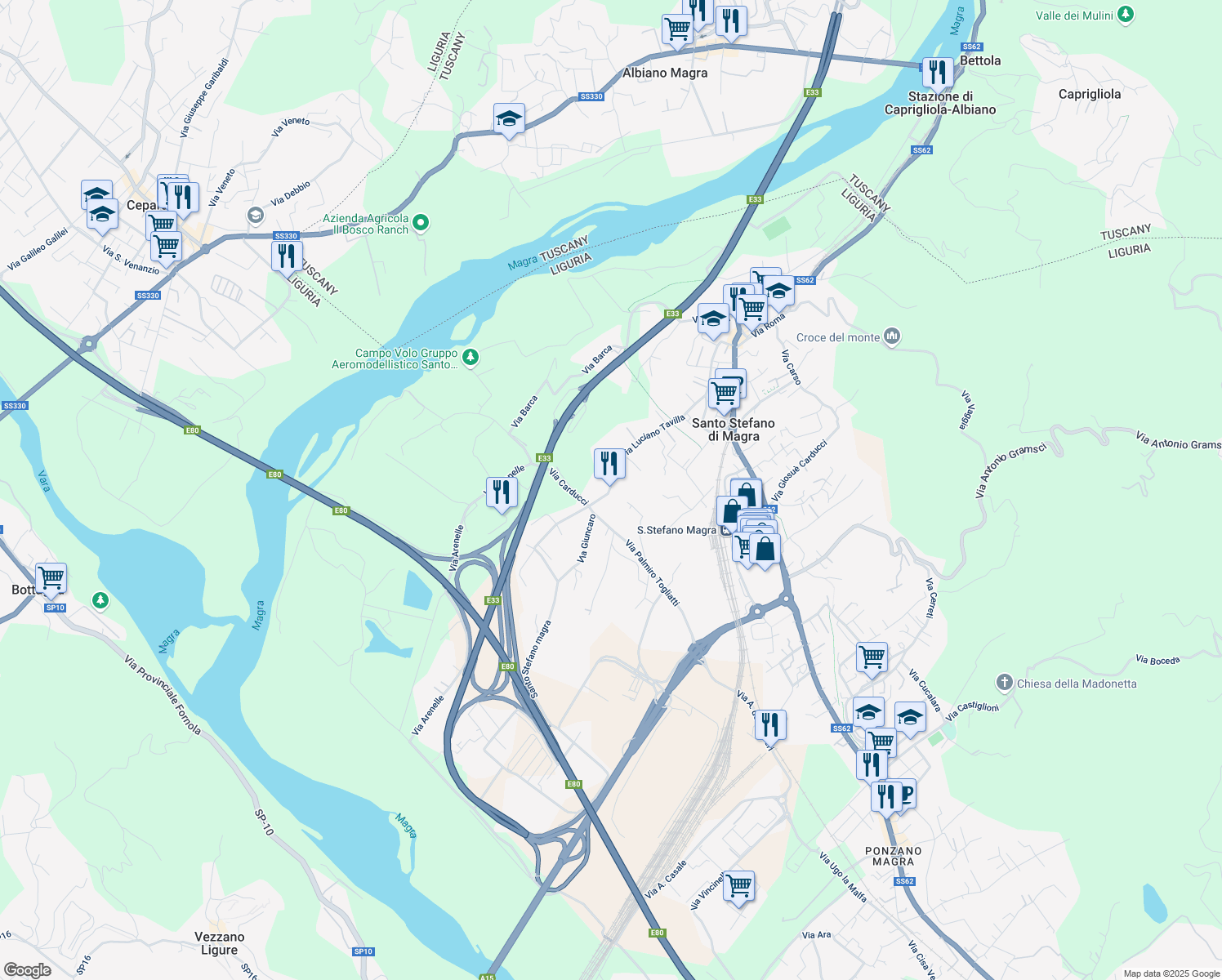 map of restaurants, bars, coffee shops, grocery stores, and more near 47 Via Luciano Tavilla in Santo Stefano di Magra
