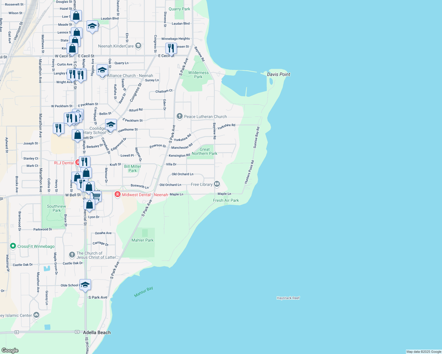 map of restaurants, bars, coffee shops, grocery stores, and more near 1010 Bayview Rd in Neenah
