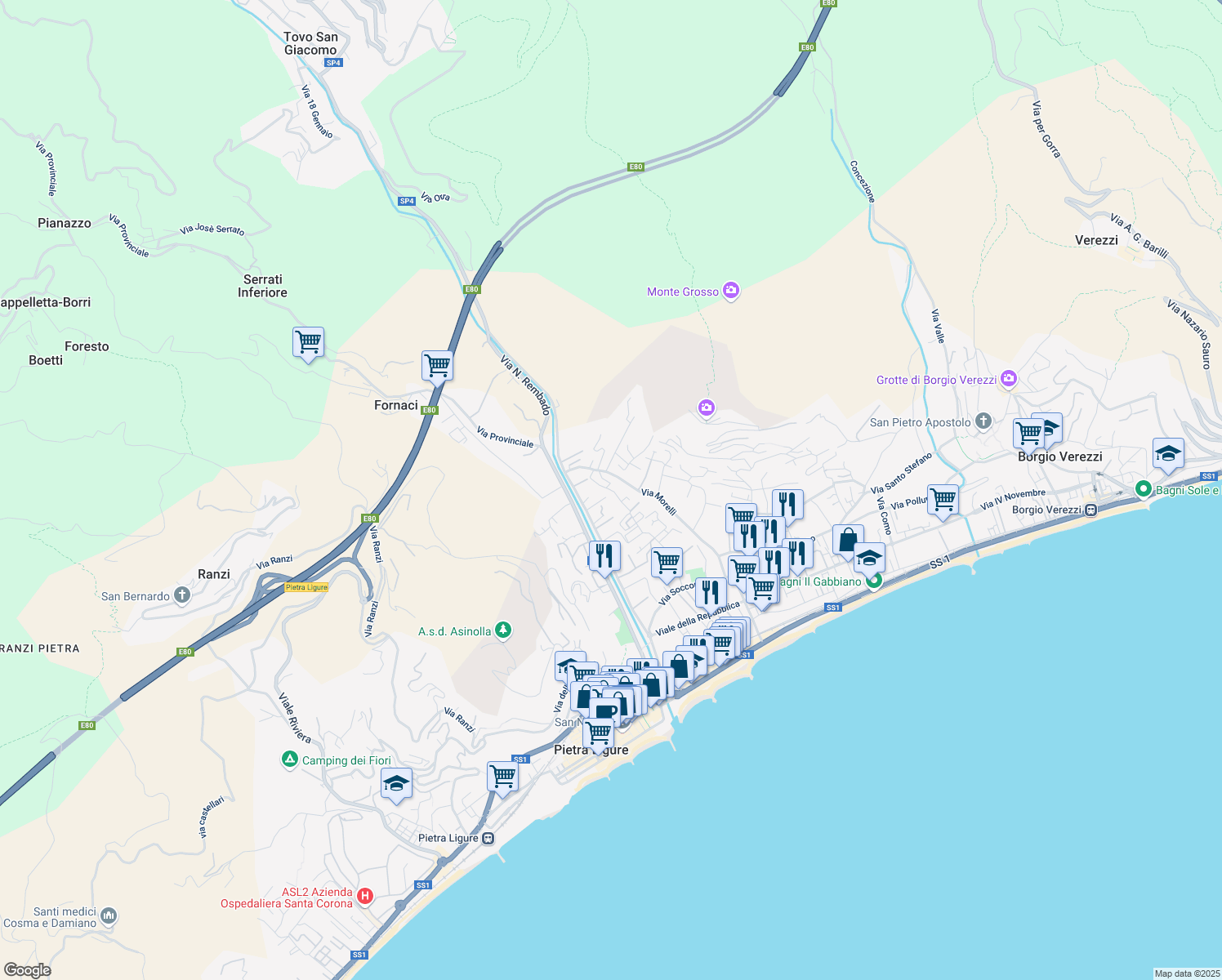 map of restaurants, bars, coffee shops, grocery stores, and more near Via Caltavituro in Pietra Ligure