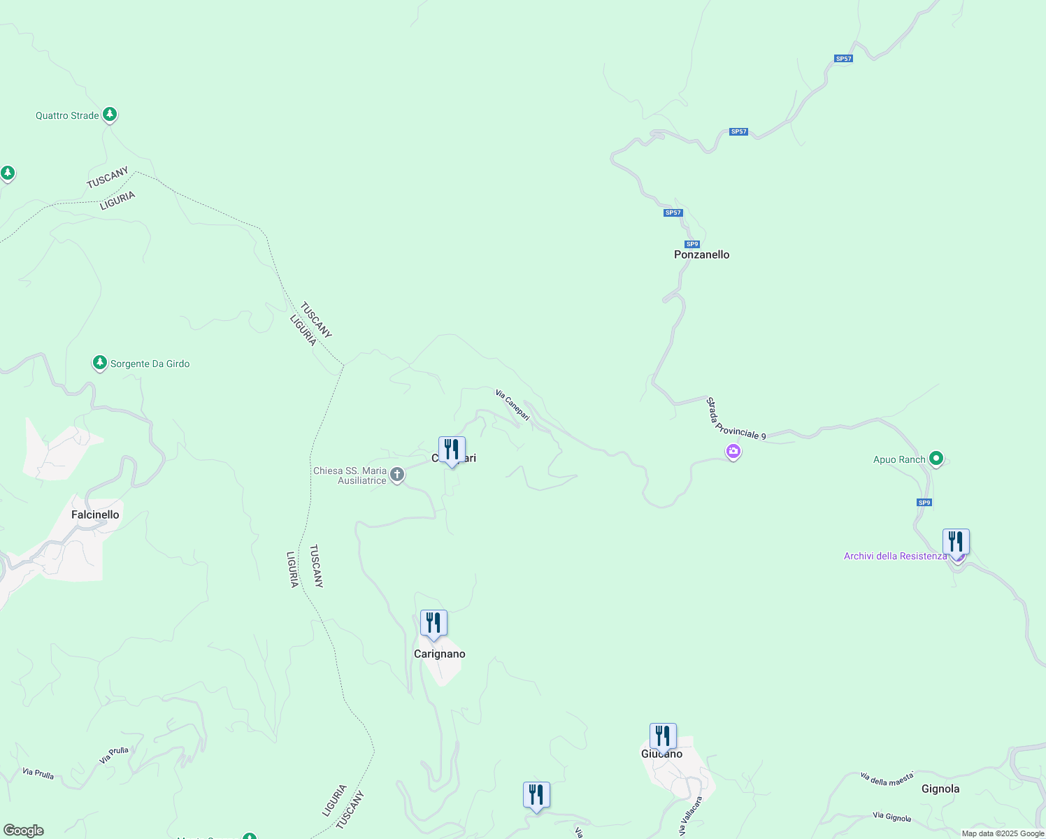 map of restaurants, bars, coffee shops, grocery stores, and more near 82 Via Canepari in Provincia di Massa e Carrara