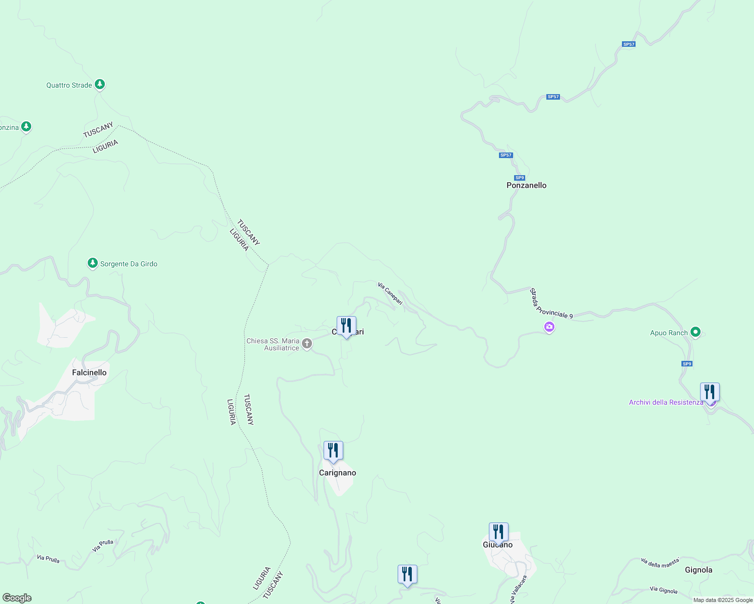 map of restaurants, bars, coffee shops, grocery stores, and more near 46 Via Canepari in Canepari