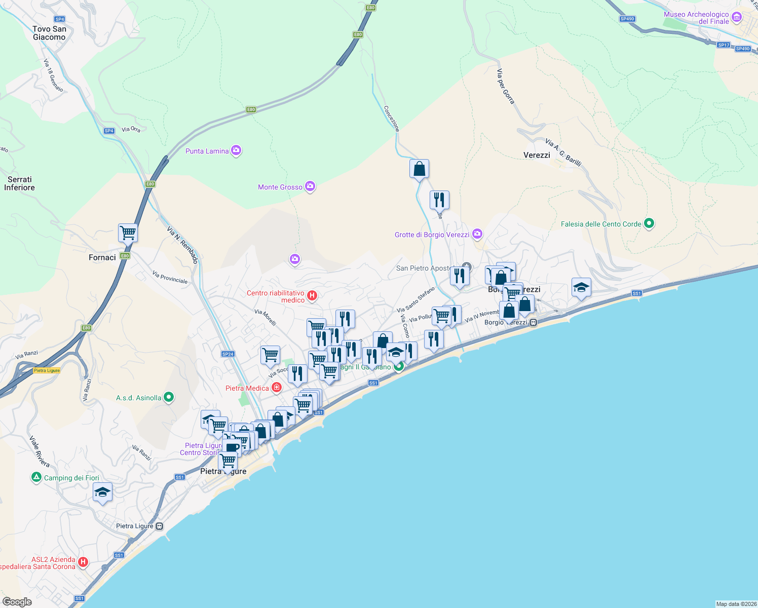 map of restaurants, bars, coffee shops, grocery stores, and more near 10 Via Novara in Pietra Ligure