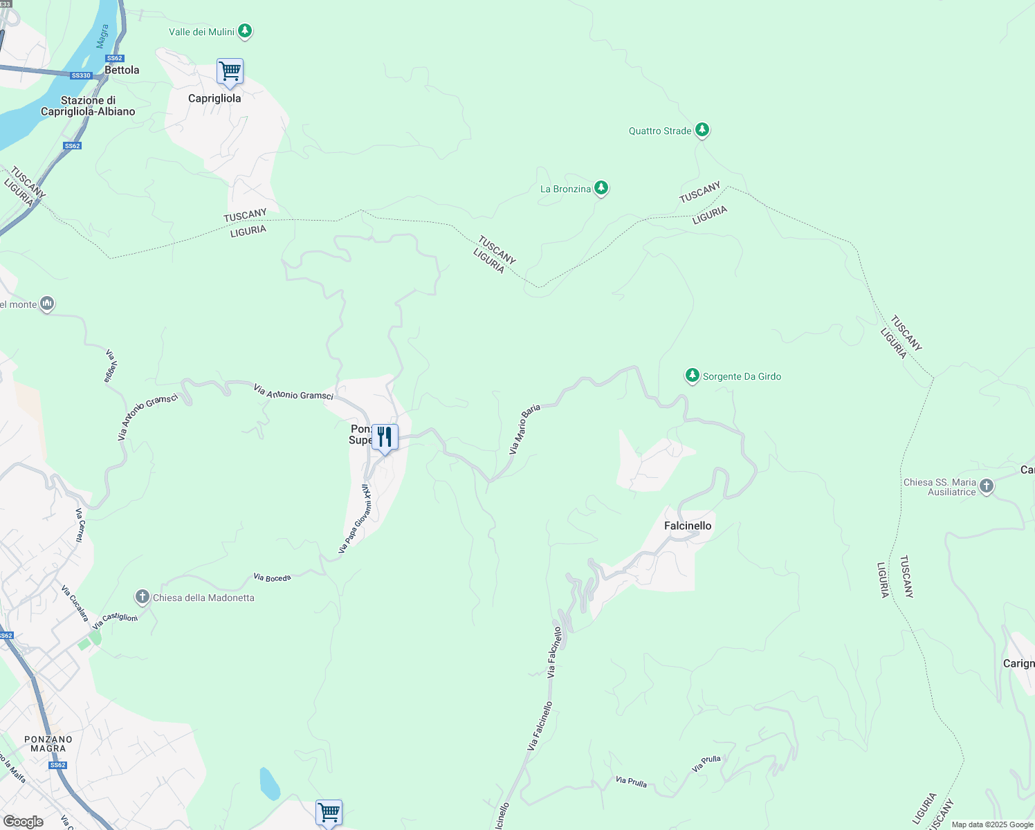 map of restaurants, bars, coffee shops, grocery stores, and more near 21 Via Mario Baria in Provincia della Spezia