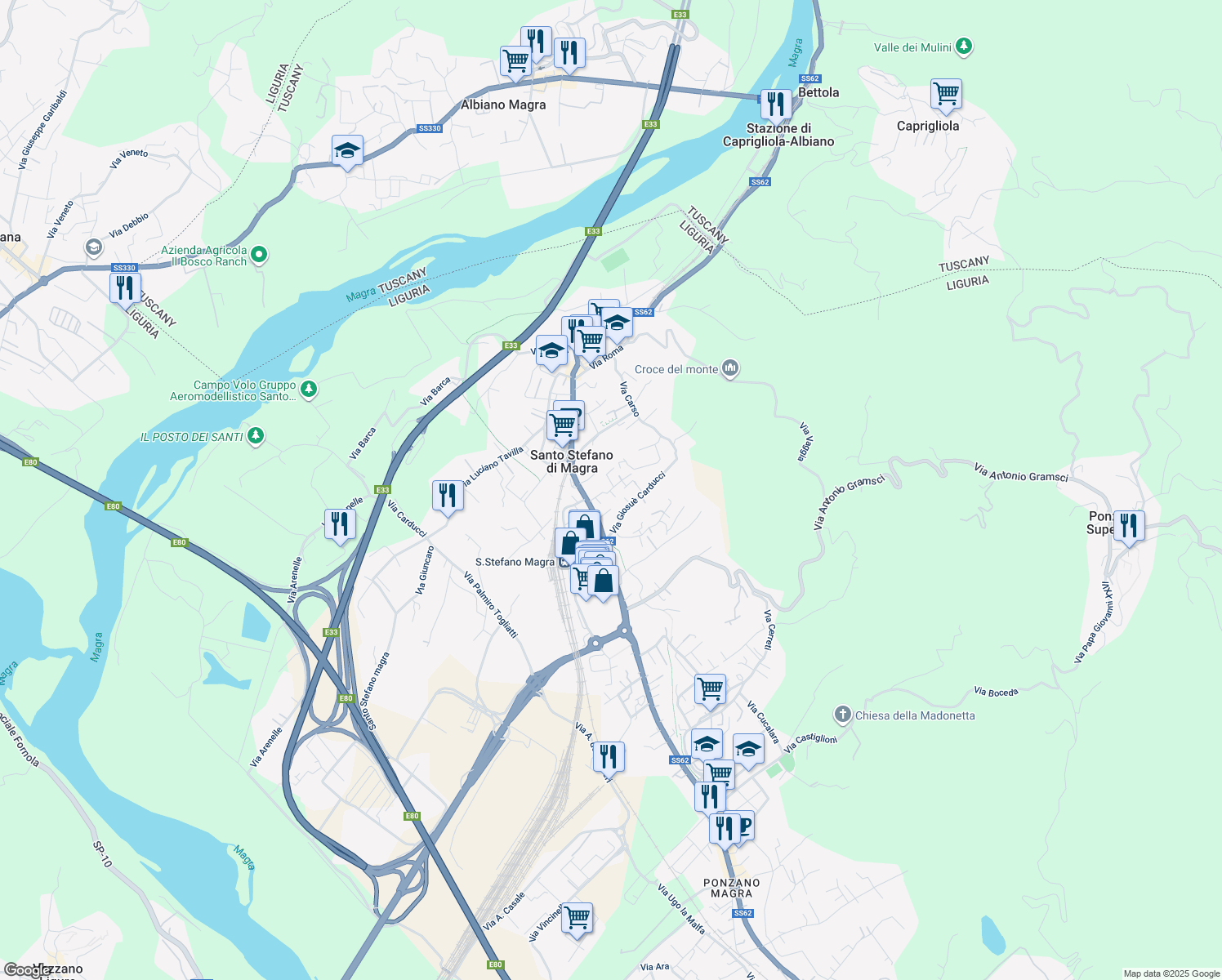 map of restaurants, bars, coffee shops, grocery stores, and more near 11 Via Ricciallo in Santo Stefano di Magra