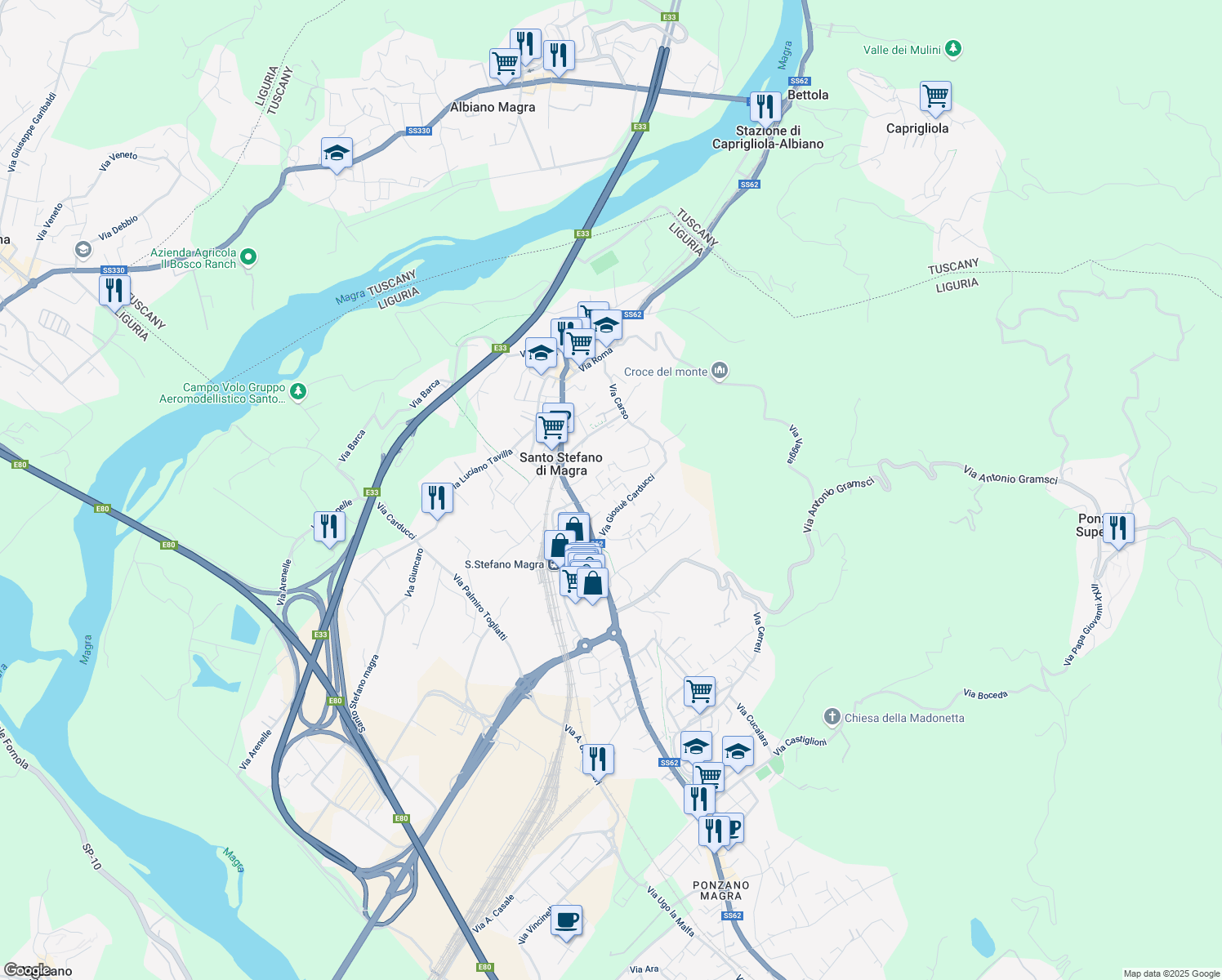 map of restaurants, bars, coffee shops, grocery stores, and more near 11 Via Ricciallo in Santo Stefano di Magra
