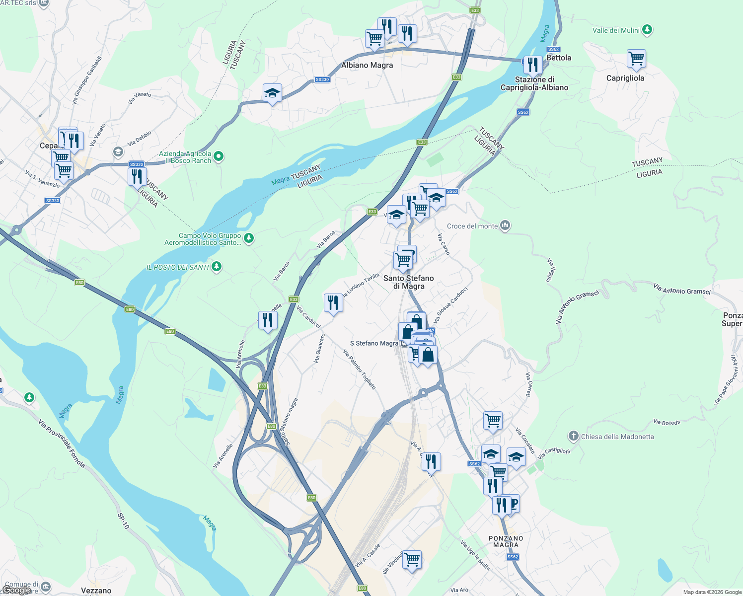 map of restaurants, bars, coffee shops, grocery stores, and more near 14 Via Pietro Nenni in Santo Stefano di Magra
