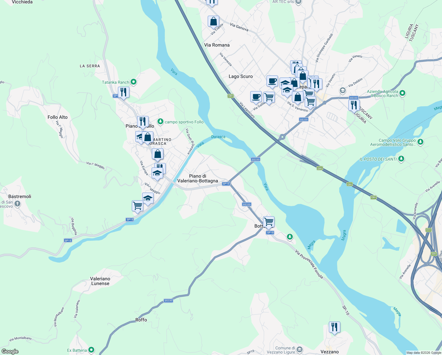 map of restaurants, bars, coffee shops, grocery stores, and more near 25 Via II Traversale in Piano di Valeriano-bottagna