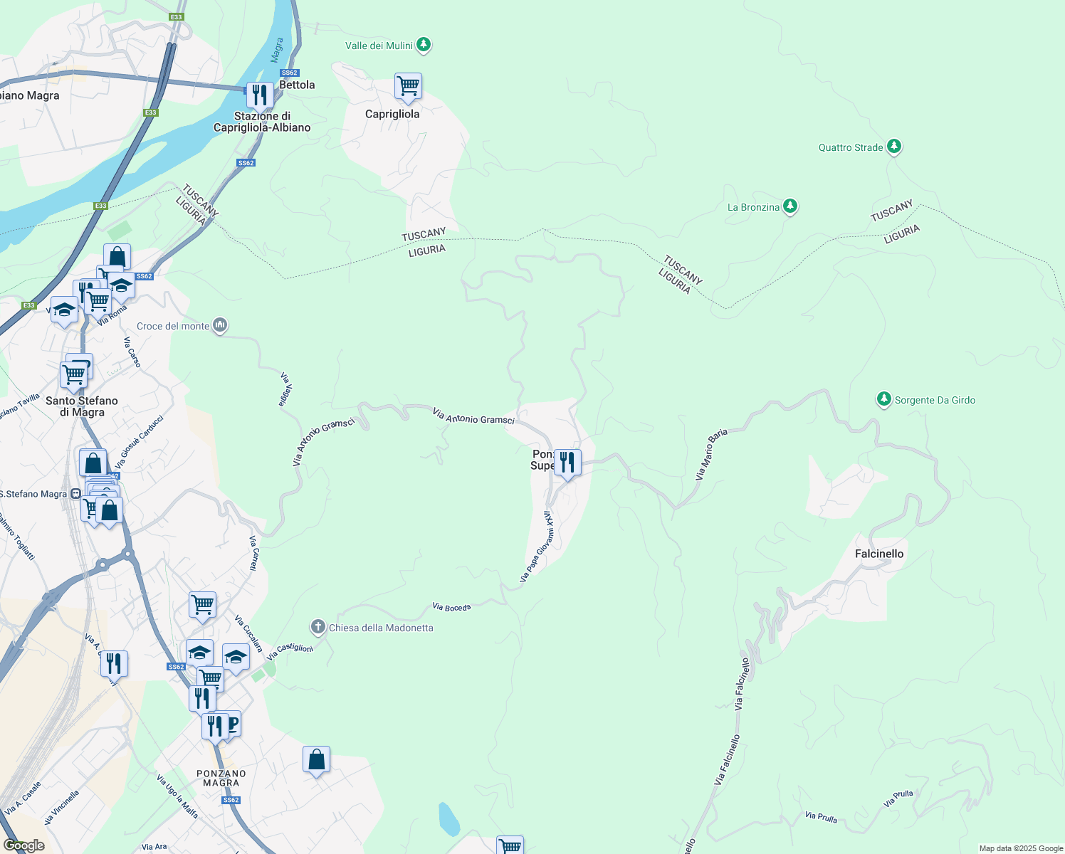 map of restaurants, bars, coffee shops, grocery stores, and more near 95 Via Antonio Gramsci in Ponzano Superiore