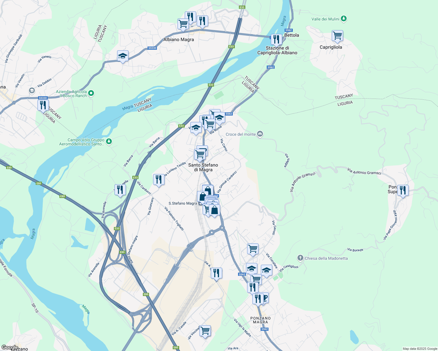 map of restaurants, bars, coffee shops, grocery stores, and more near 11 Via Ricciallo in Santo Stefano di Magra