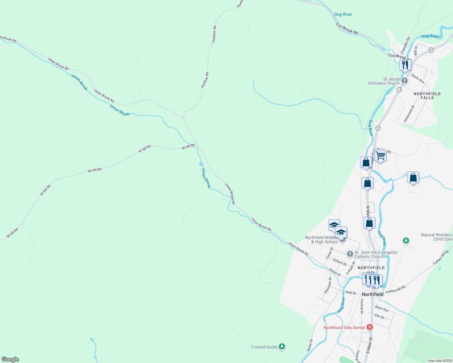map of restaurants, bars, coffee shops, grocery stores, and more near 684 Union Brook Road in Northfield