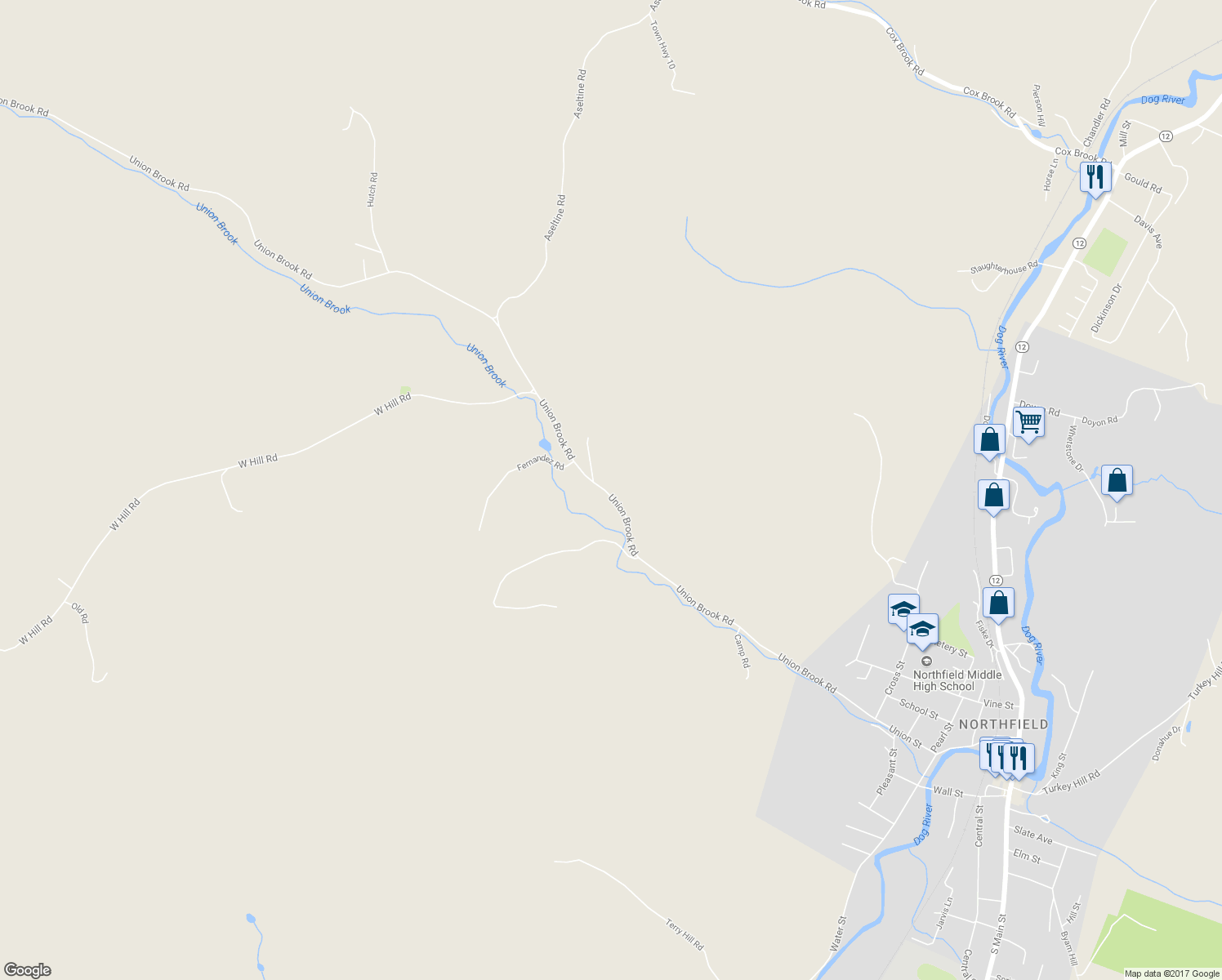 map of restaurants, bars, coffee shops, grocery stores, and more near 684 Union Brook Road in Northfield