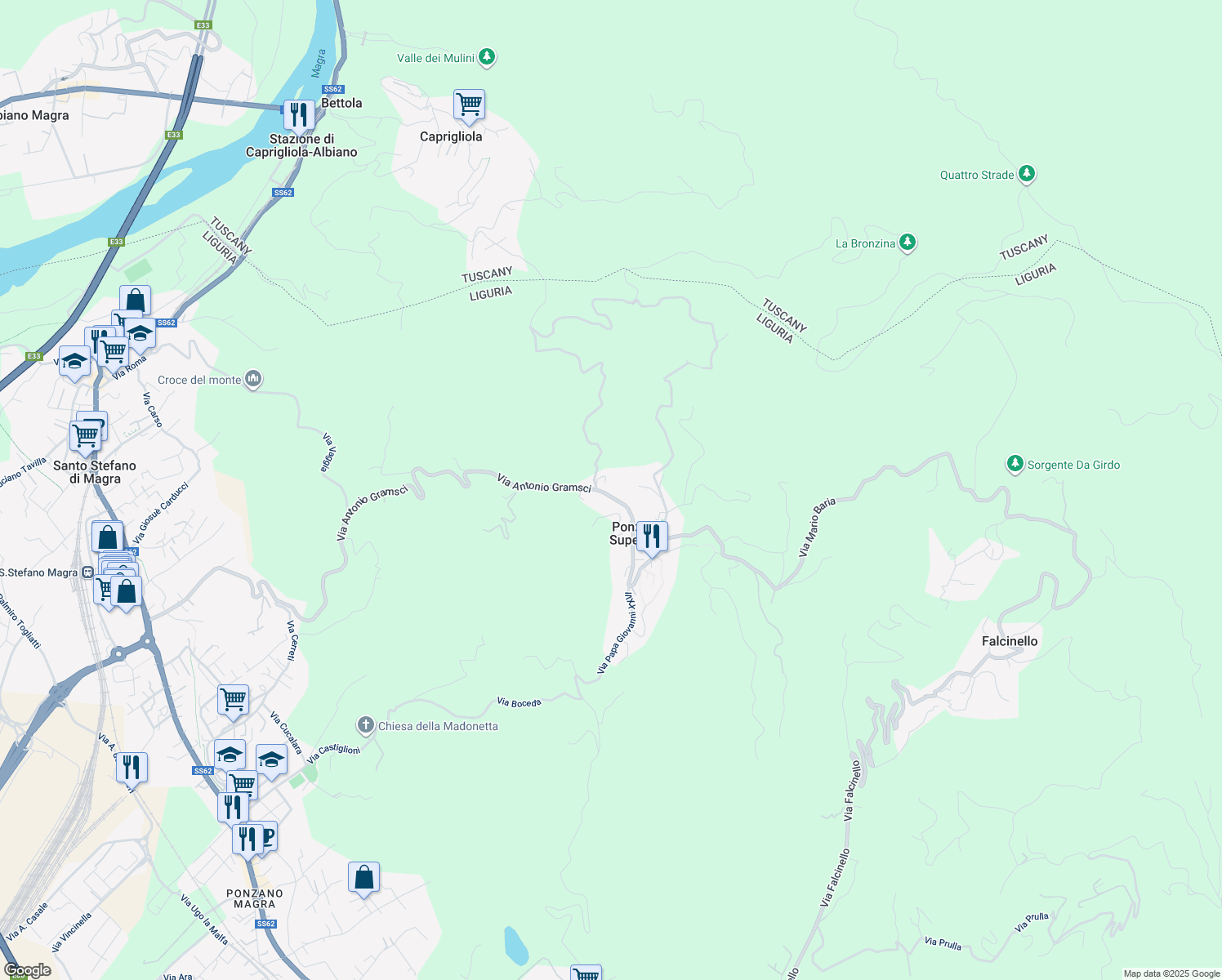 map of restaurants, bars, coffee shops, grocery stores, and more near 95 Via Antonio Gramsci in Ponzano Superiore
