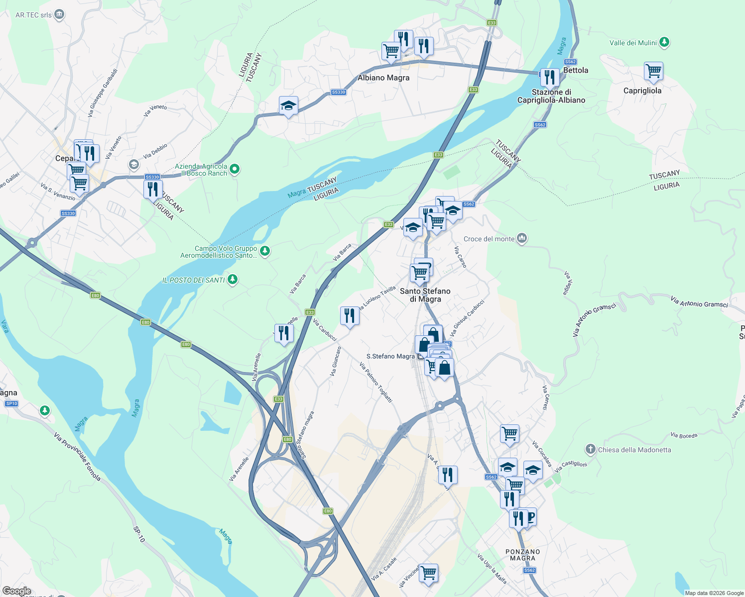 map of restaurants, bars, coffee shops, grocery stores, and more near 14 Via Pietro Nenni in Santo Stefano di Magra
