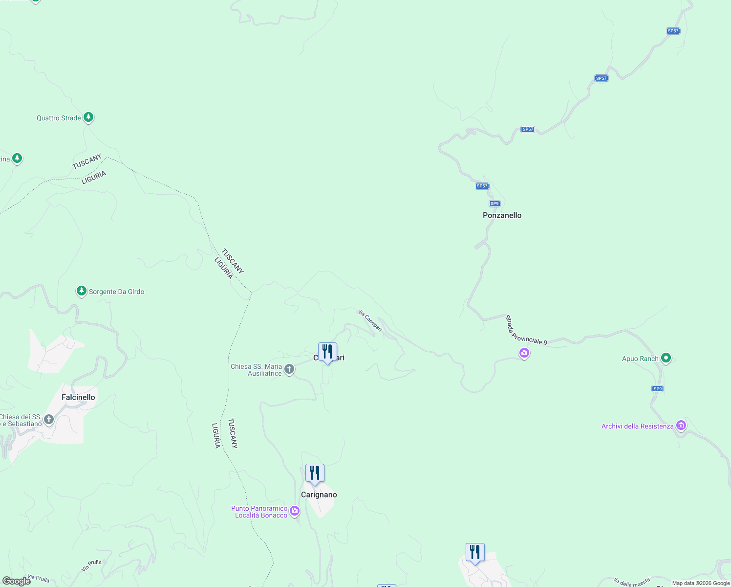 map of restaurants, bars, coffee shops, grocery stores, and more near in Province of Massa and Carrara