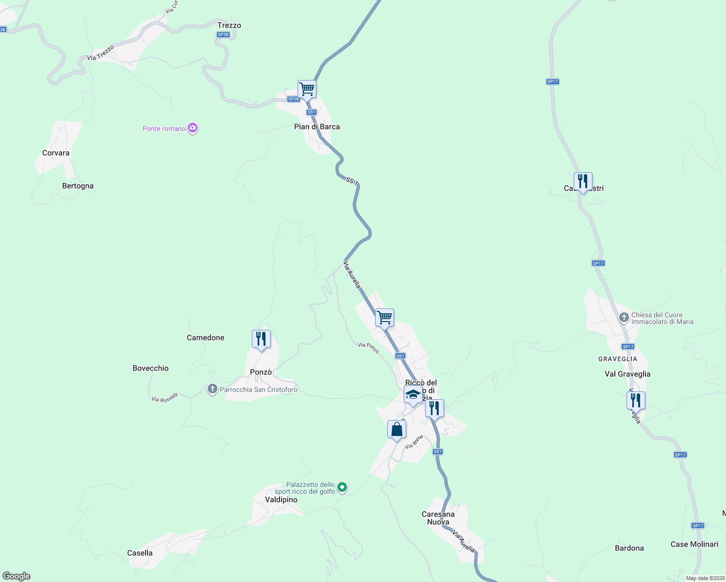 map of restaurants, bars, coffee shops, grocery stores, and more near Strada Statale 1 in Riccò del Golfo