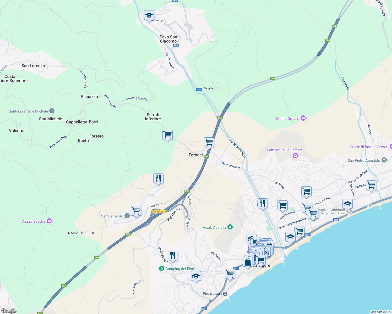map of restaurants, bars, coffee shops, grocery stores, and more near 11 Via Canun in Fornaci