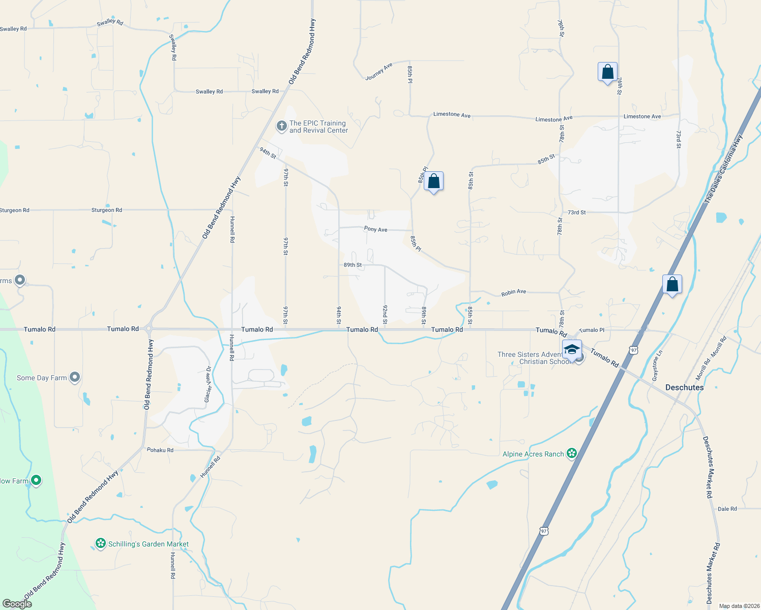 map of restaurants, bars, coffee shops, grocery stores, and more near 65037 92nd Street in Bend