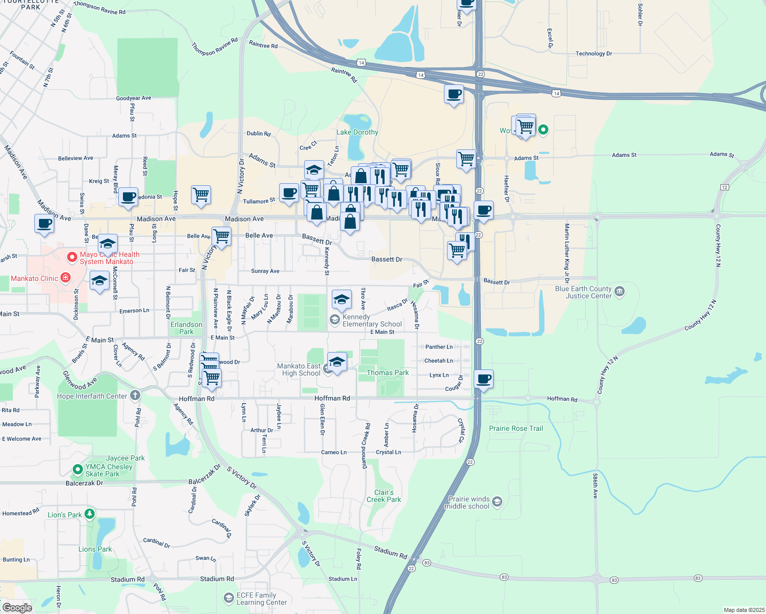 map of restaurants, bars, coffee shops, grocery stores, and more near 10 Flicka Ct in Mankato