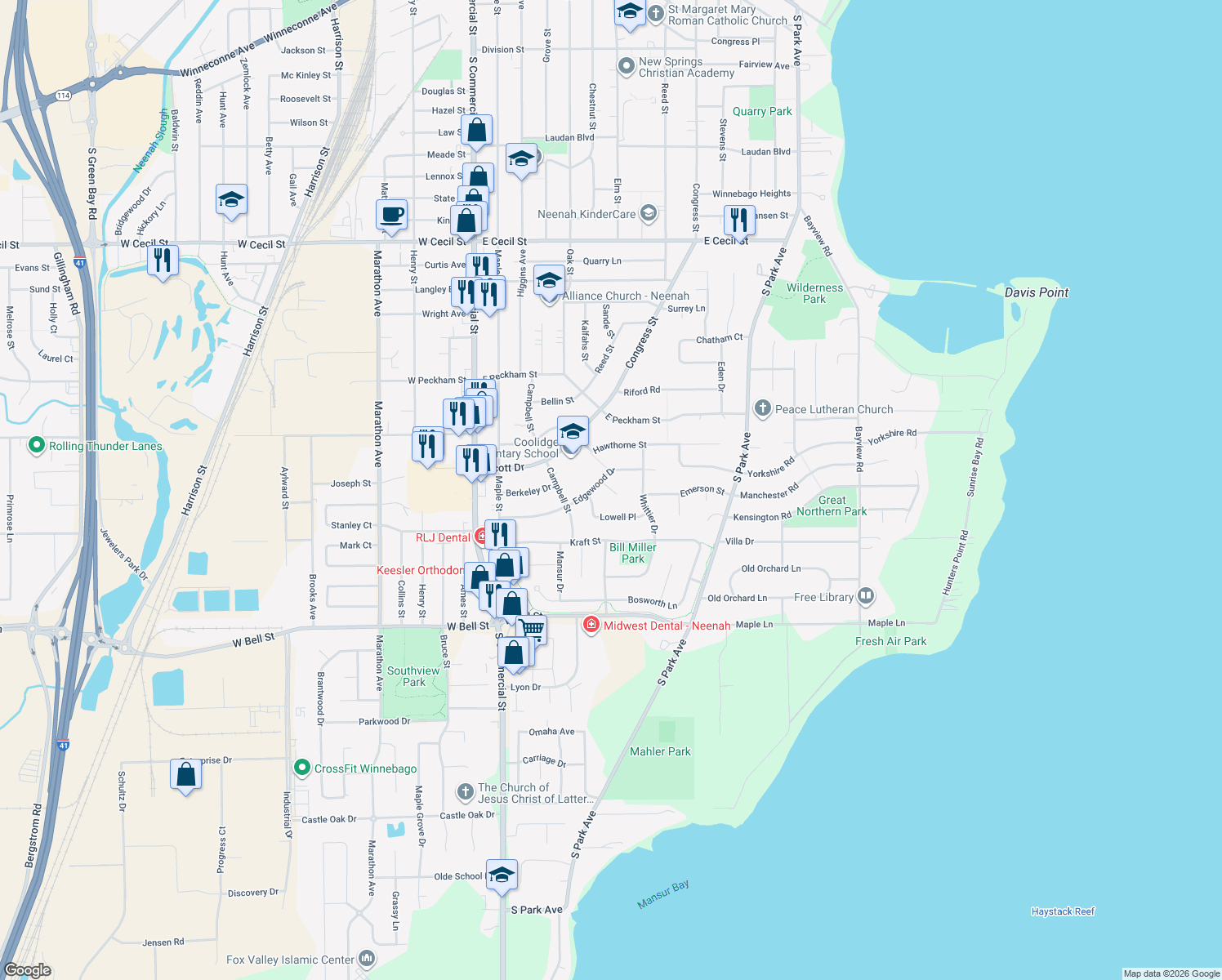 map of restaurants, bars, coffee shops, grocery stores, and more near 411 Cambridge Court in Neenah