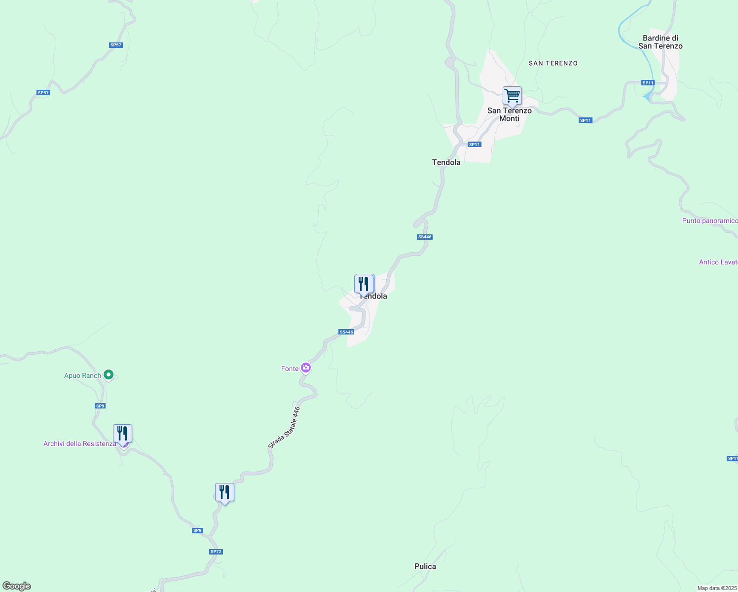 map of restaurants, bars, coffee shops, grocery stores, and more near 24 SS446 in Tendola