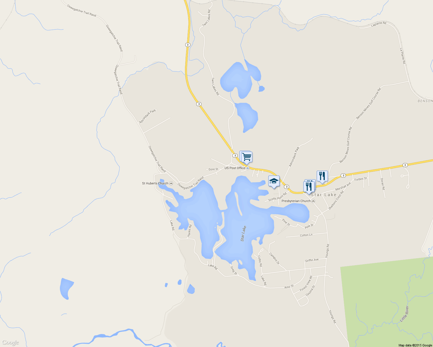 map of restaurants, bars, coffee shops, grocery stores, and more near 1130 Oswegatchie Trail in Star Lake