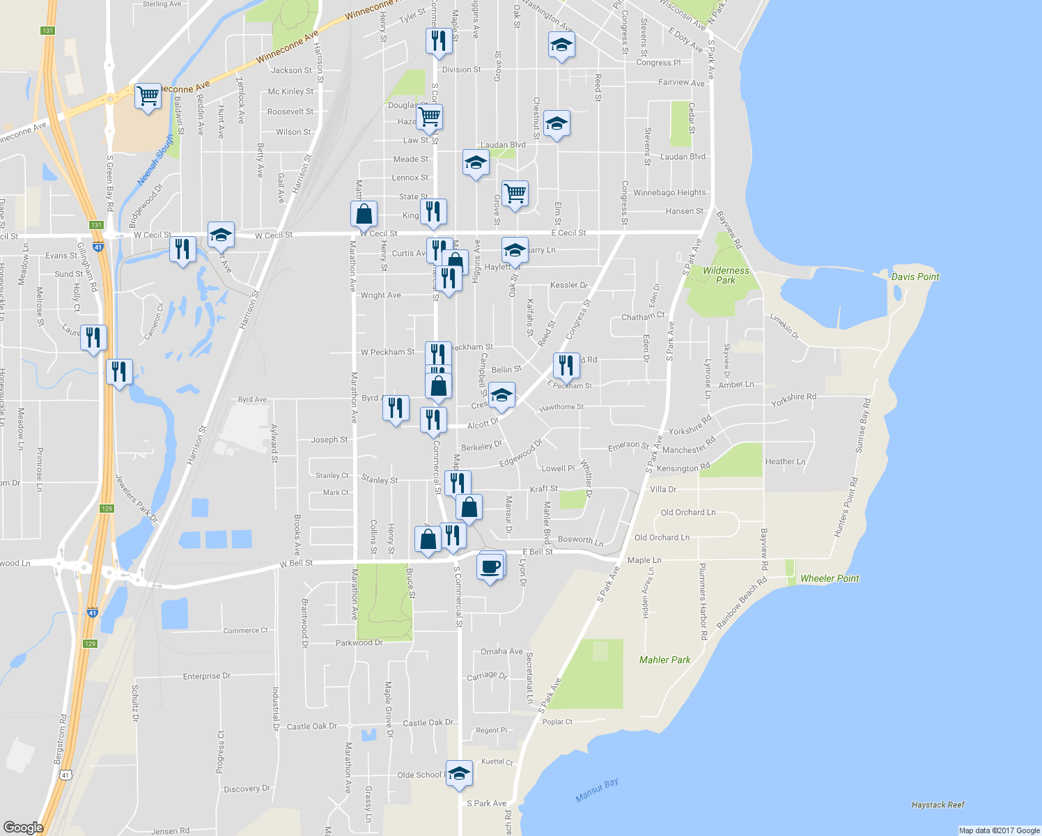 map of restaurants, bars, coffee shops, grocery stores, and more near 321 Alcott Drive in Neenah