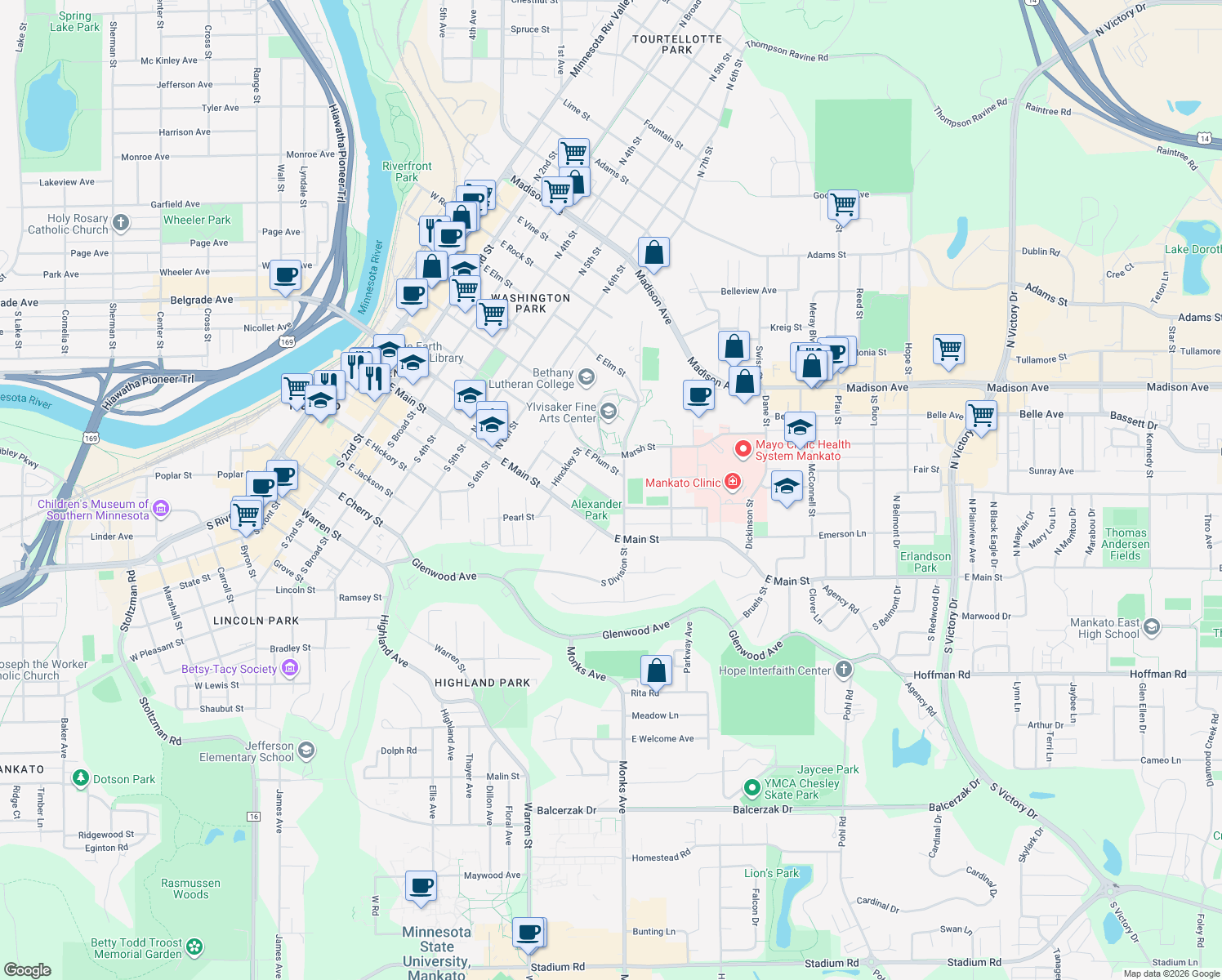map of restaurants, bars, coffee shops, grocery stores, and more near 1010 East Mulberry Street in Mankato