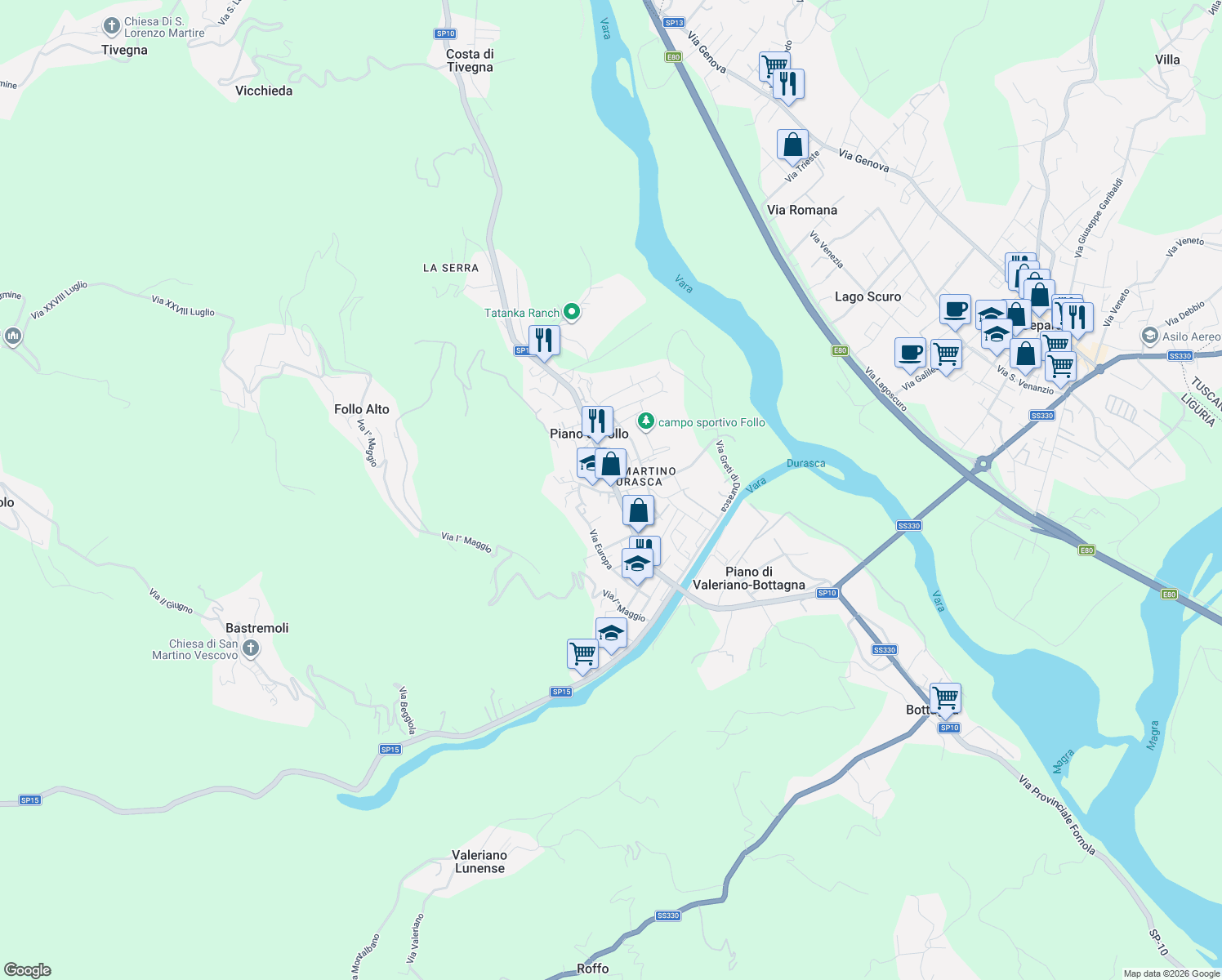 map of restaurants, bars, coffee shops, grocery stores, and more near 10 Piazza Giacomo Matteotti in Piano di Follo