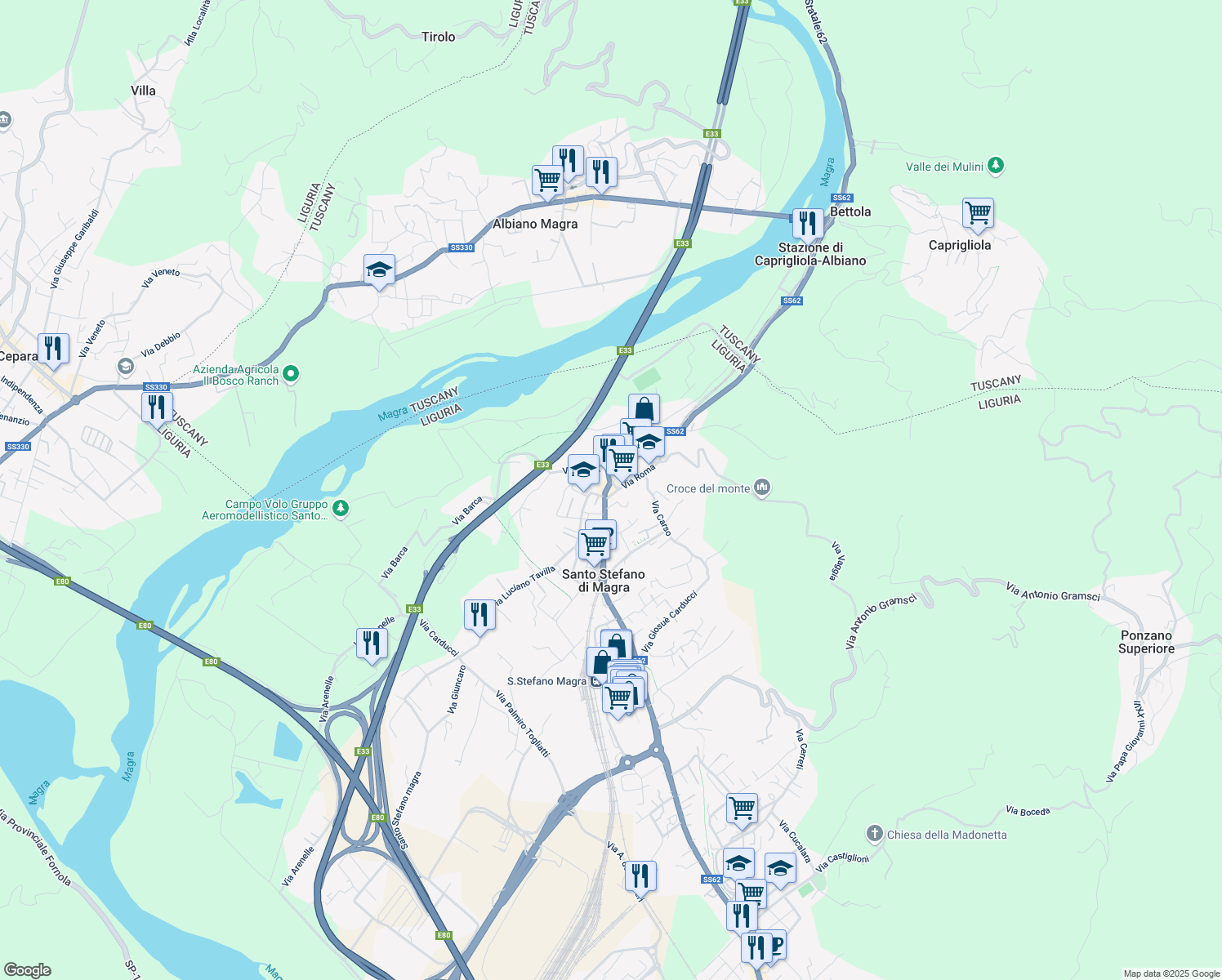 map of restaurants, bars, coffee shops, grocery stores, and more near 4 Via Giuseppe Mazzini in Santo Stefano di Magra