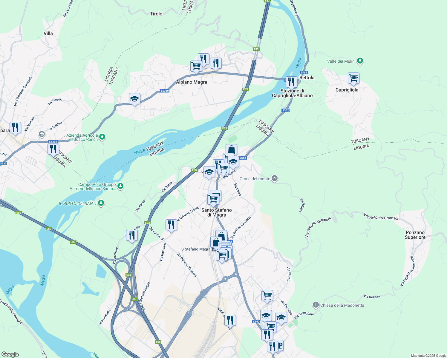 map of restaurants, bars, coffee shops, grocery stores, and more near 4 Via Giuseppe Mazzini in Santo Stefano di Magra