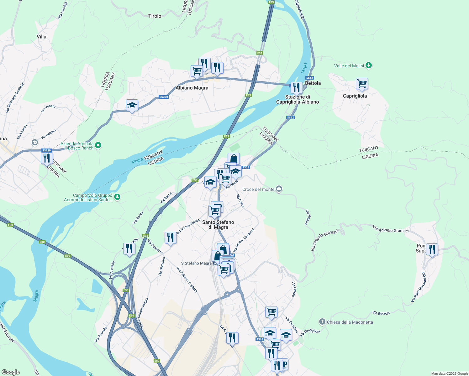 map of restaurants, bars, coffee shops, grocery stores, and more near 2 Via Carso in Santo Stefano di Magra