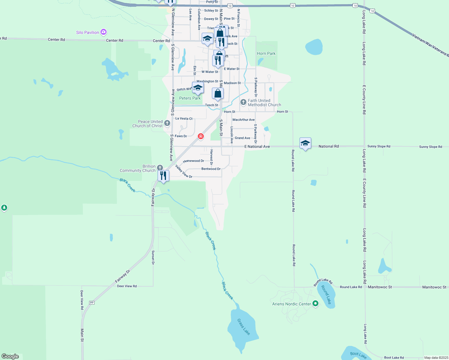 map of restaurants, bars, coffee shops, grocery stores, and more near 885 Driftwood Dr in Brillion